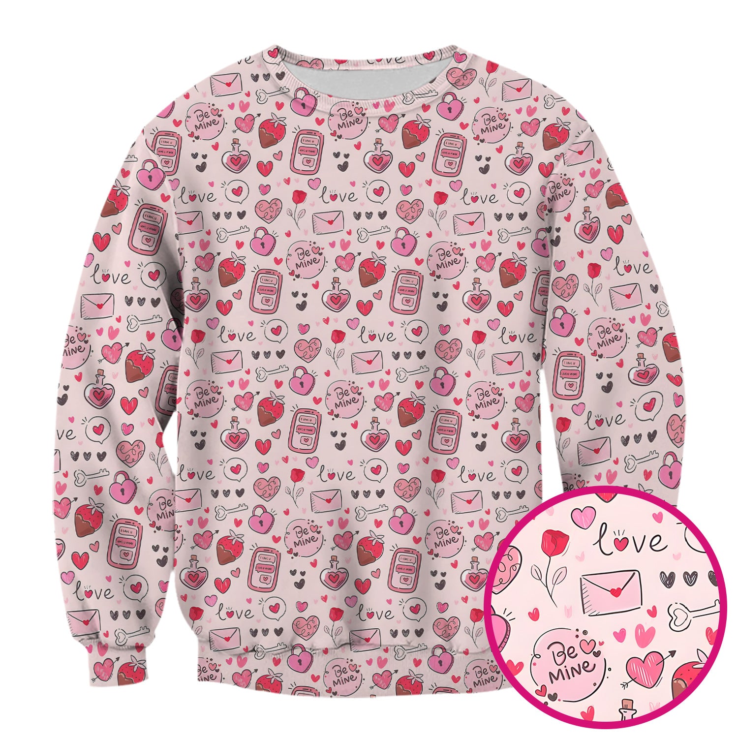 Be Mine Heart Pattern Pattern Scrub Top, Pink Valentine Pattern Nursing Uniform For Women