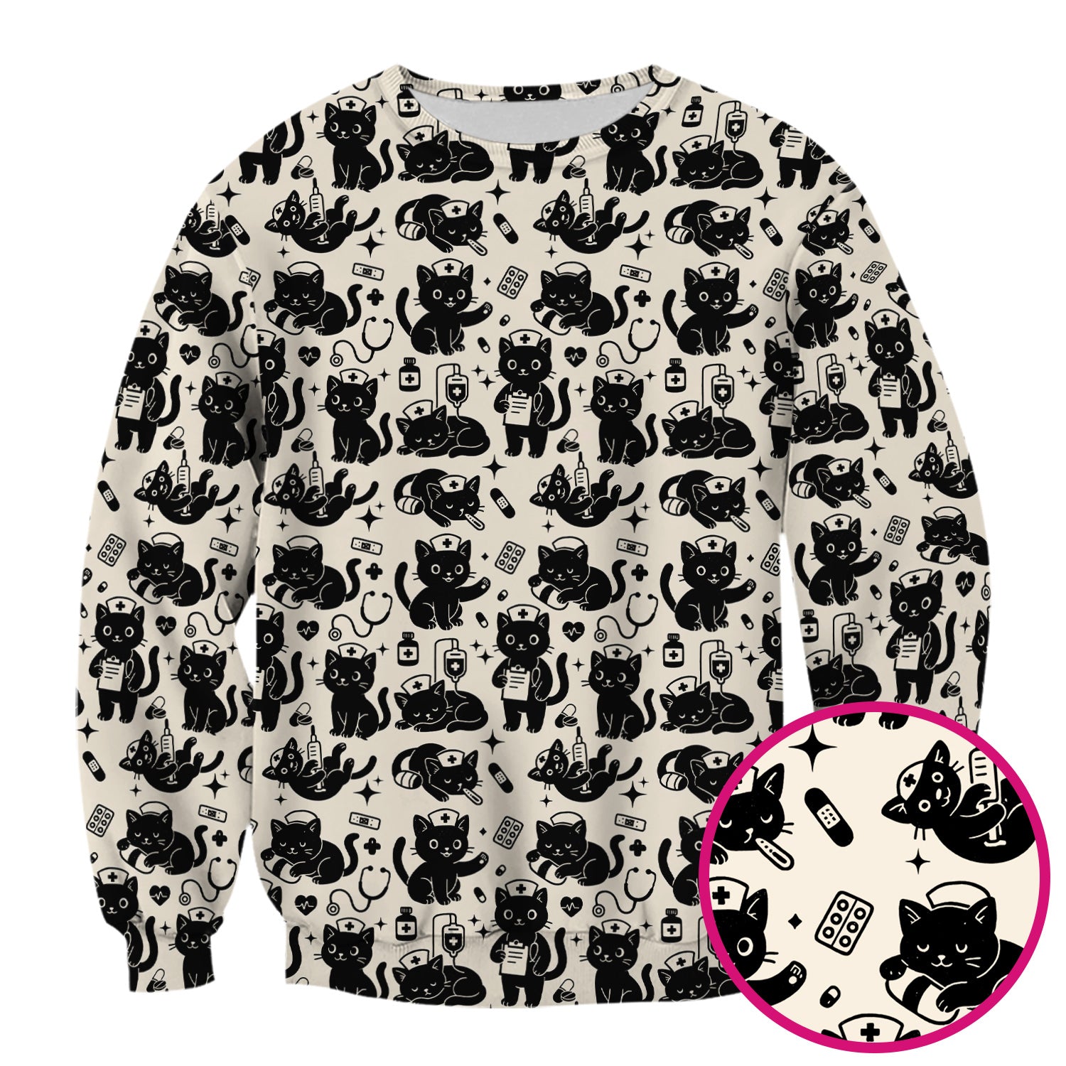 Cute Black Cat Nurse Pattern Scrub Top, Breathable Fabrics Nursing Uniform