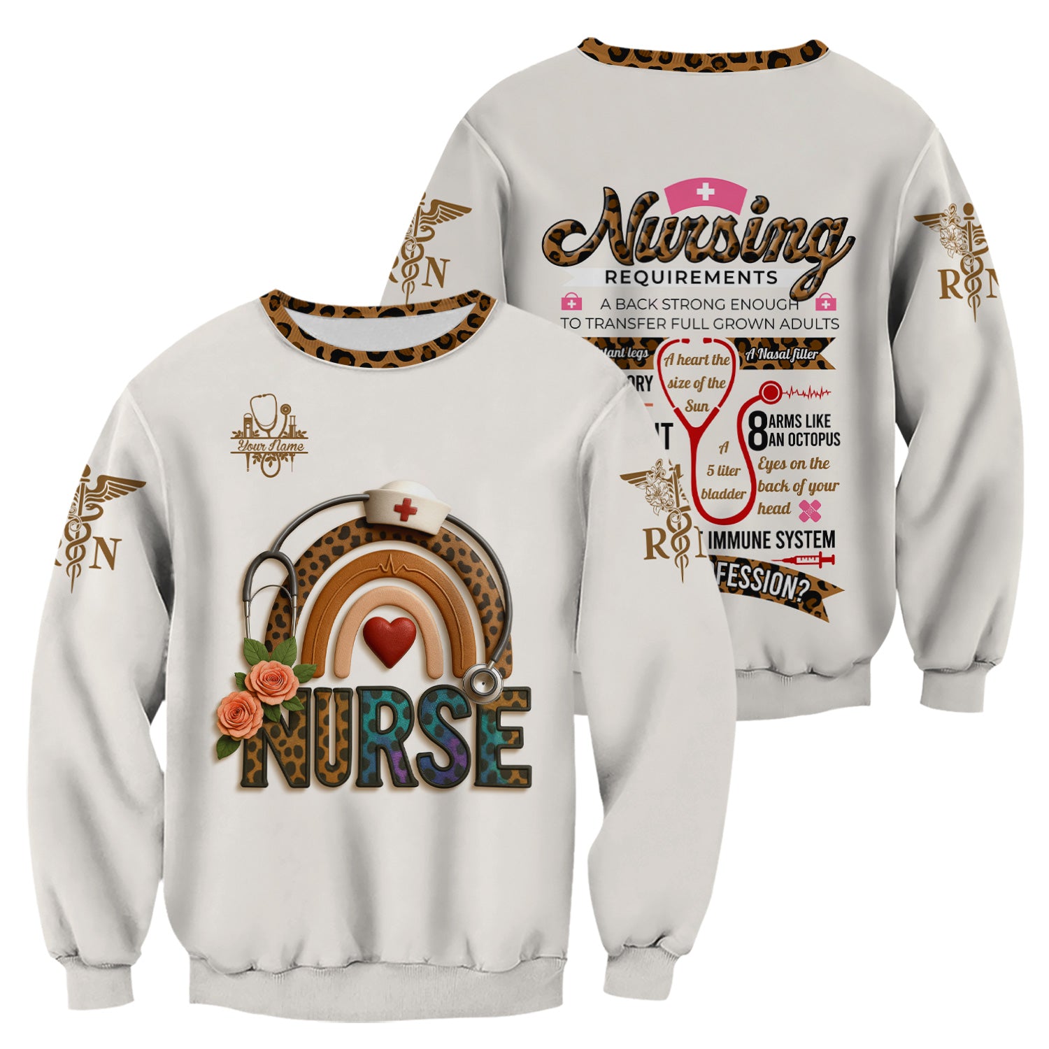 Funny Nurse Scrubs for Women - Leopard RN CNA LPN Uniform Top - Nursing Requirements Design with Custom Name