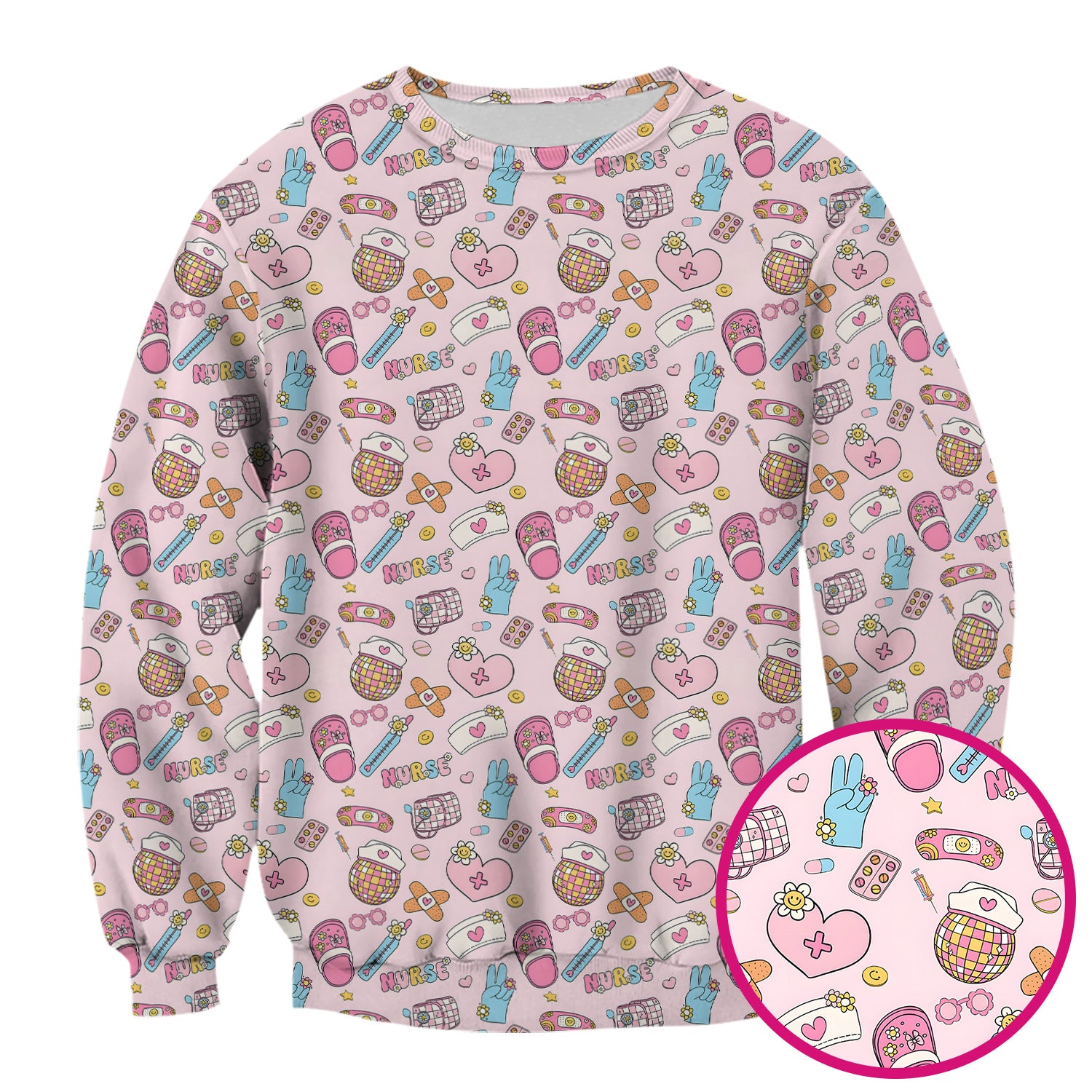 Cute Nurse Pink Medical Tools Pattern Scrub Top, Breathable Healthcare Uniform Top
