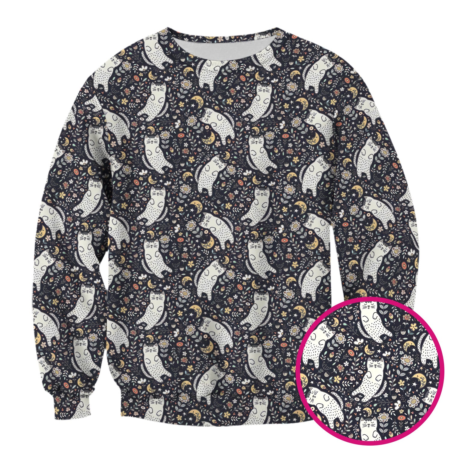 Moonlit Floral Cat Seamless Pattern Scrub Top, Comfortable Scrubs for Nurses