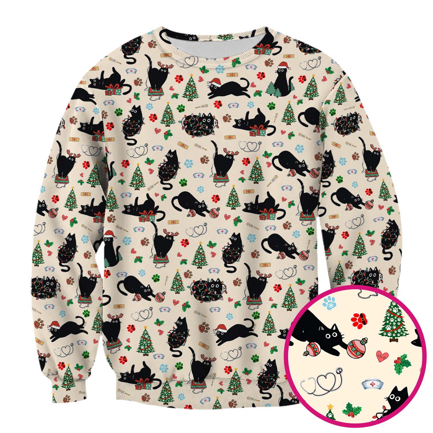 Black Cat Christmas Nurse Scrub Top, Festive Kitty Medical Uniform Shirt for Women