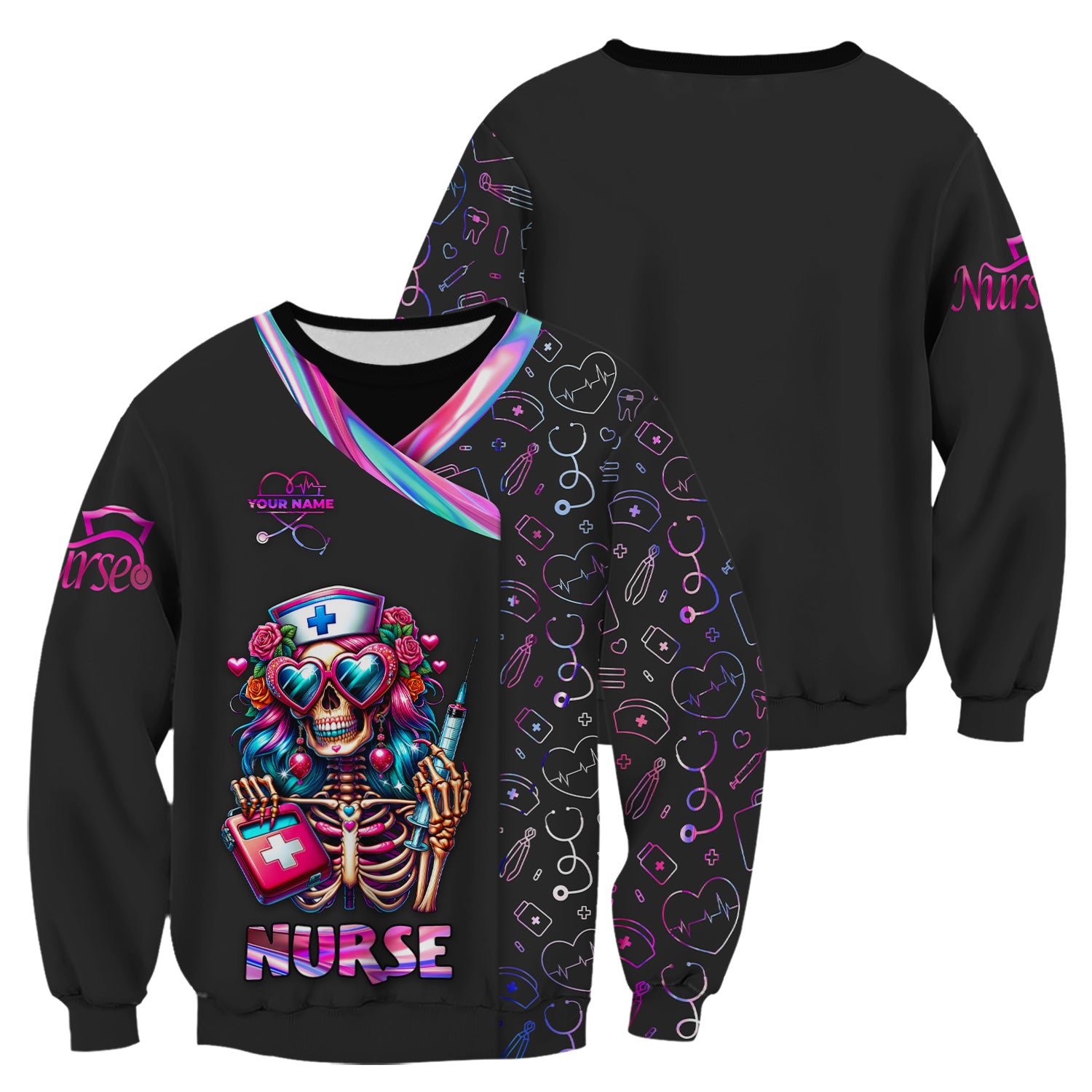 Personalized Funny Skeleton Nurse Scrub Top - Heart Sunglasses & Syringe Design - Custom Name Medical Gift for RN LPN CNA