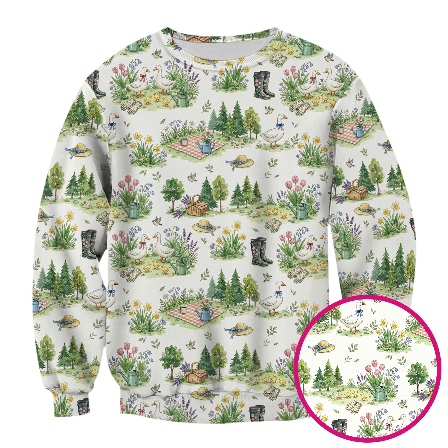 Cute Duck Garden Pattern Scrub Top, Spring Floral Countryside Nursing Uniform