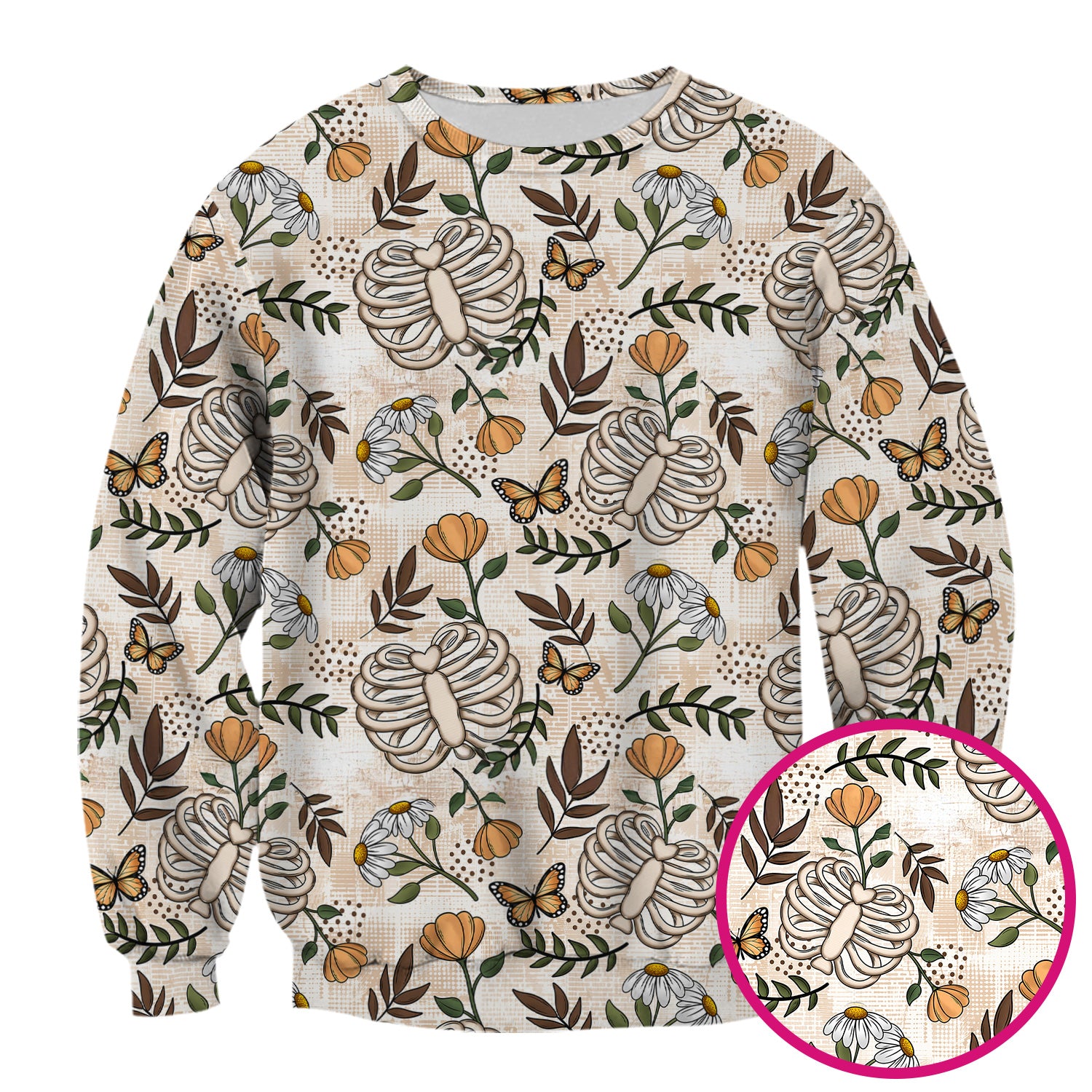 Skeleton Ribcage With Daisy And Butterfly Floral Scrub Top, Breathable Fabrics Nursing Uniform