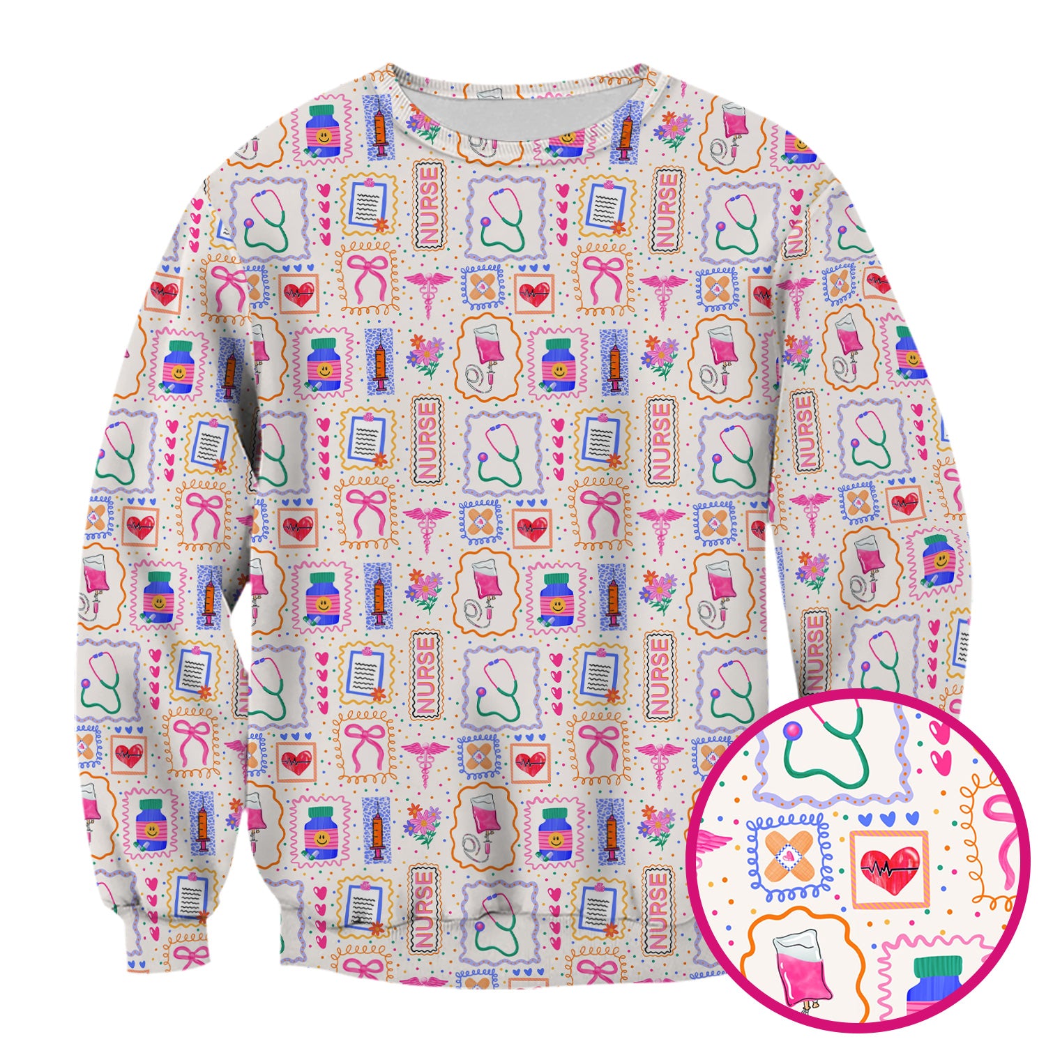 Colorful Nurse Medical Icon Pattern Scrub Top, Comfortable Scrubs for Nurses