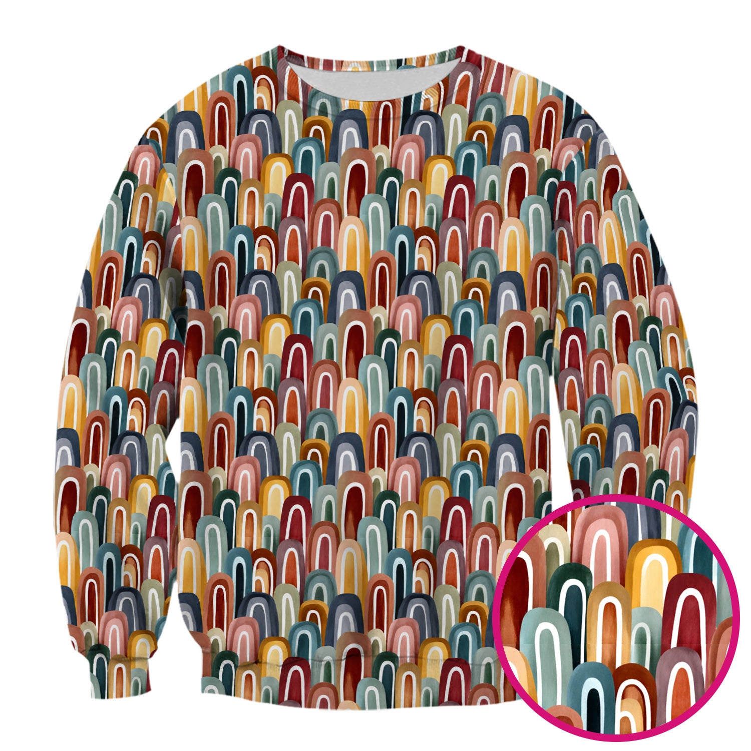 Retro Boho Rainbow Arch Pattern Scrub Top, Colorful Geometric Nursing Uniform for Women