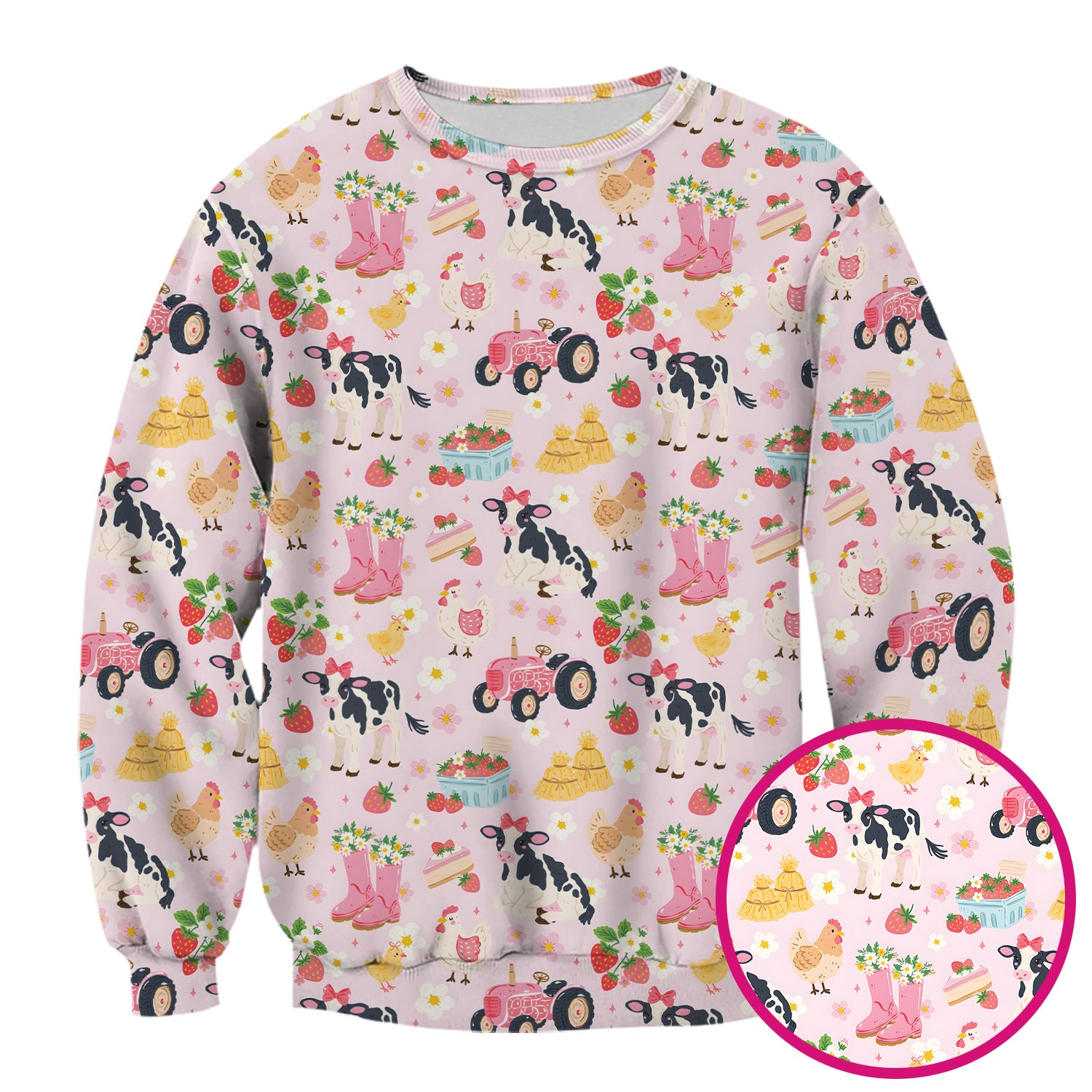 Cute Farm Animals & Strawberry Garden Pattern Scrub Top, Comfortable Scrubs for Nurses