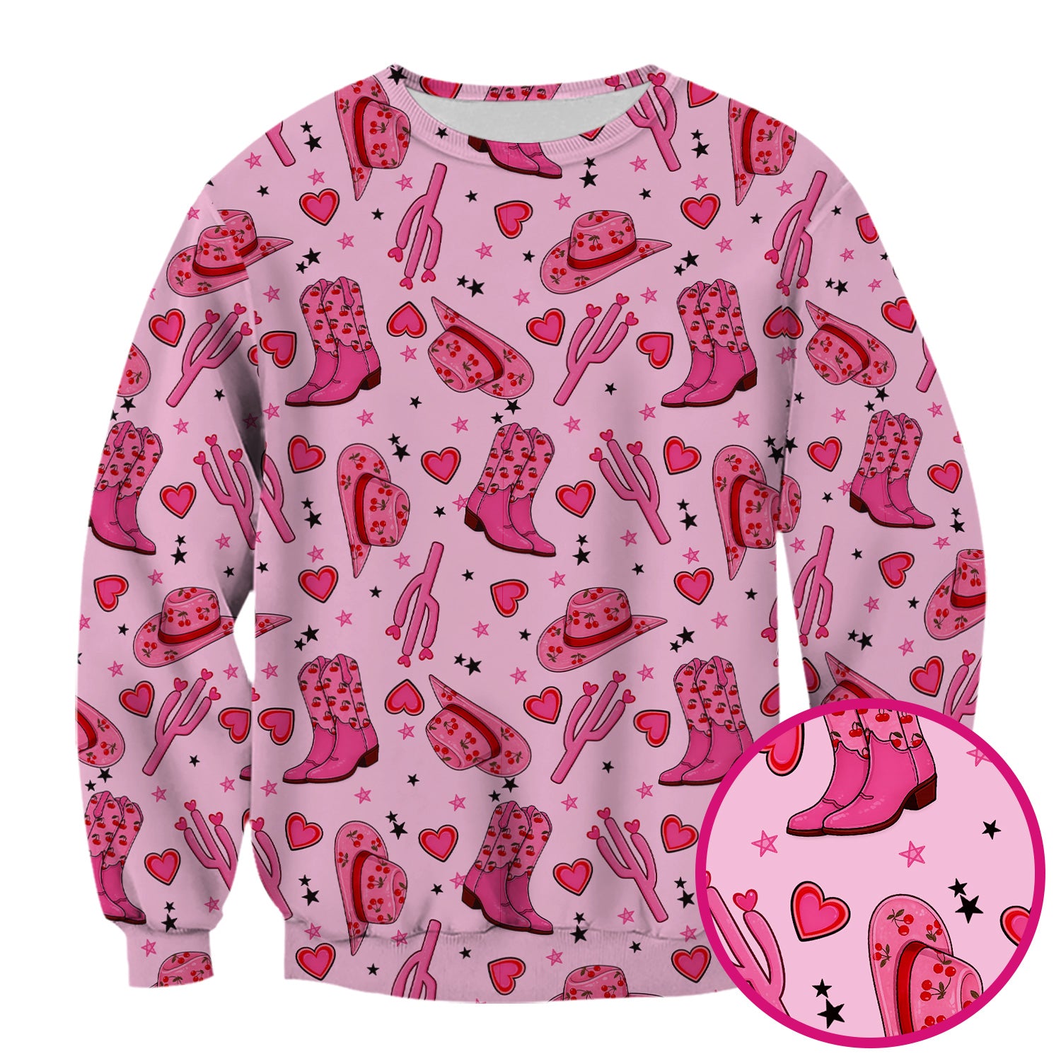 Pink Cowgirl Western Boots Hat Pattern Scrub Top, Breathable Medical Uniform Top