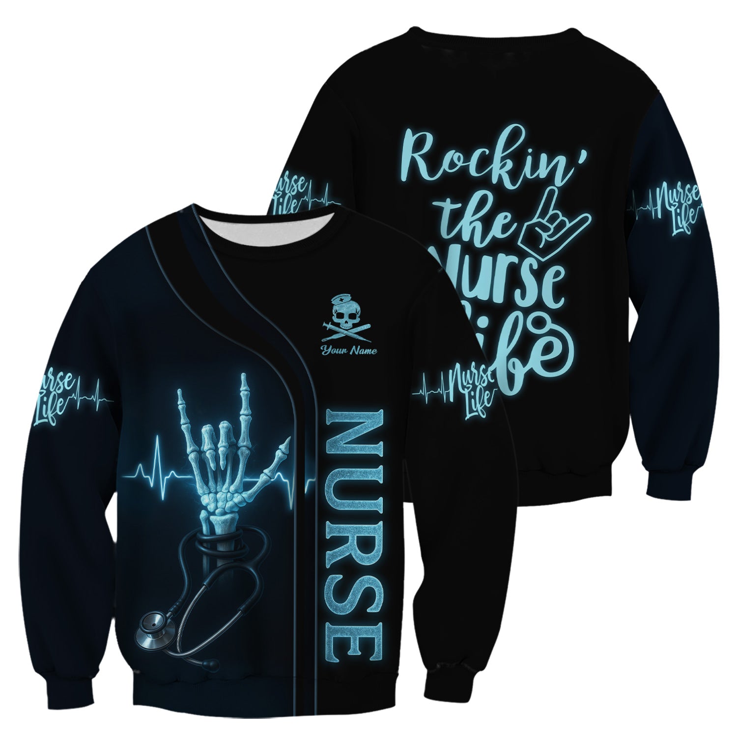 Custom Skeleton Hand Nurse Scrub Top - Rockin the Nurse Life  Quote - Gift for RN, CNA, LPN, Healthcare Worker