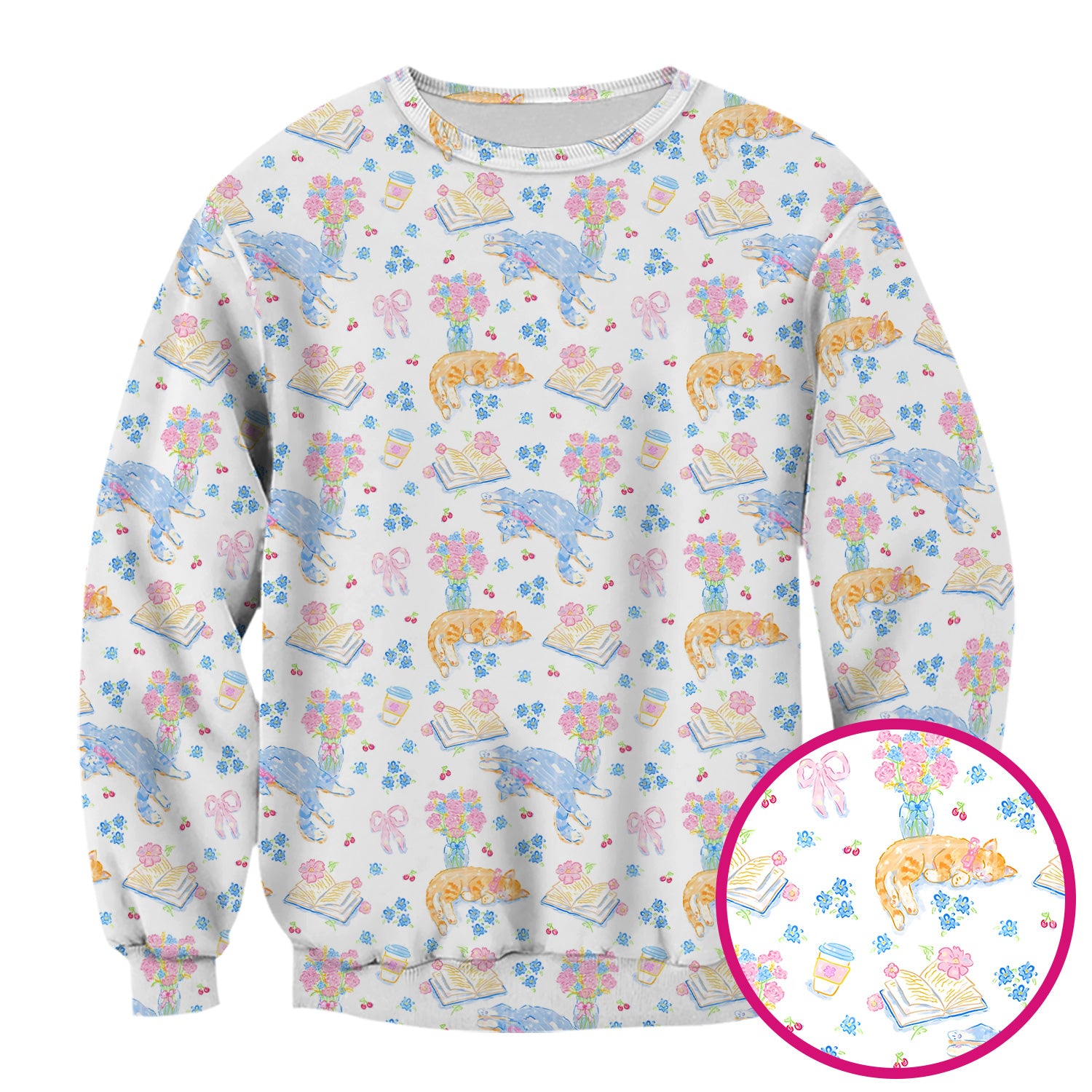 Cute Cats Reading Floral Books Pattern Scrub Top, Comfortable Scrubs for Nurses