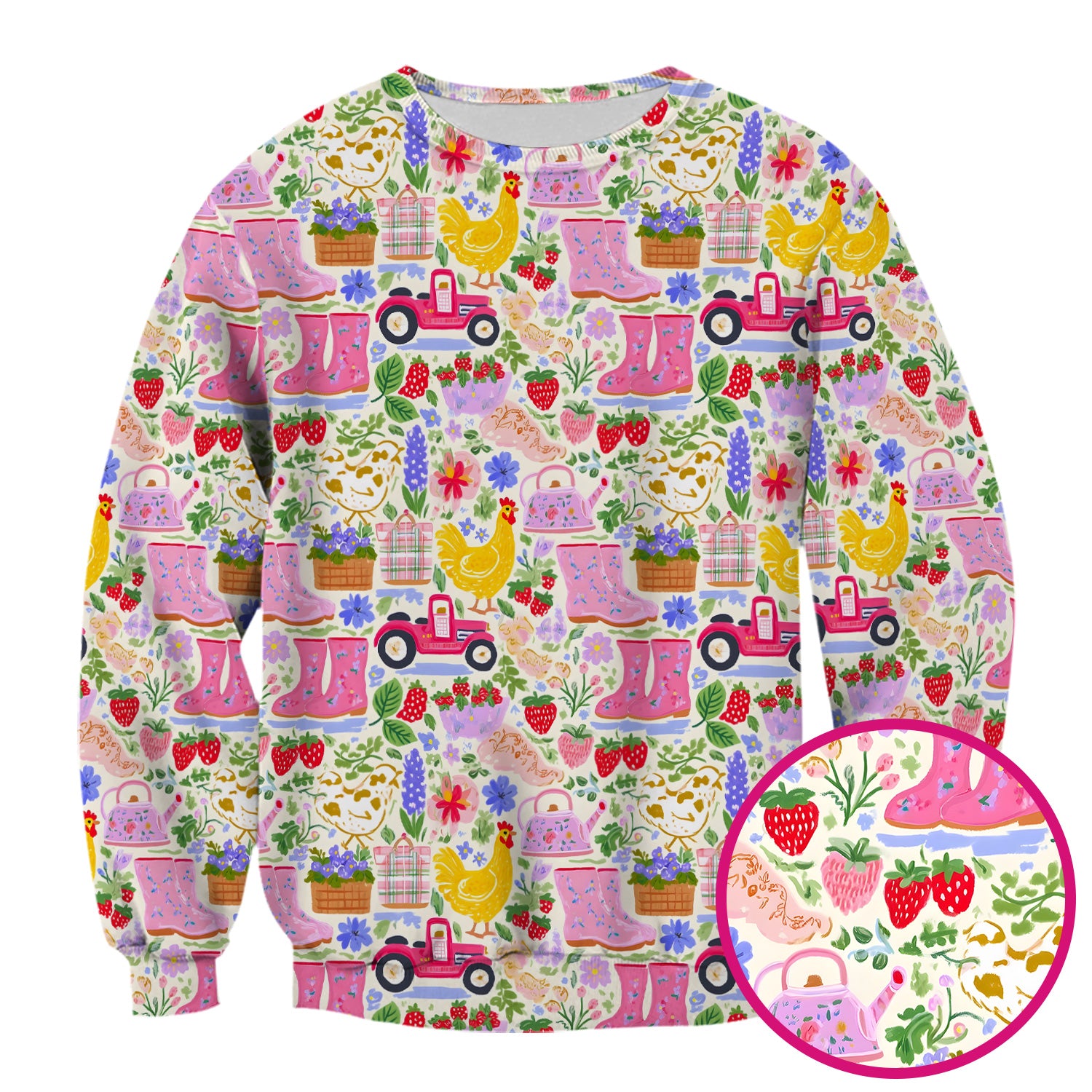 Cute Farm Garden Chicken Pattern Scrub Top, Colorful Spring Countryside Nursing Uniform for Women