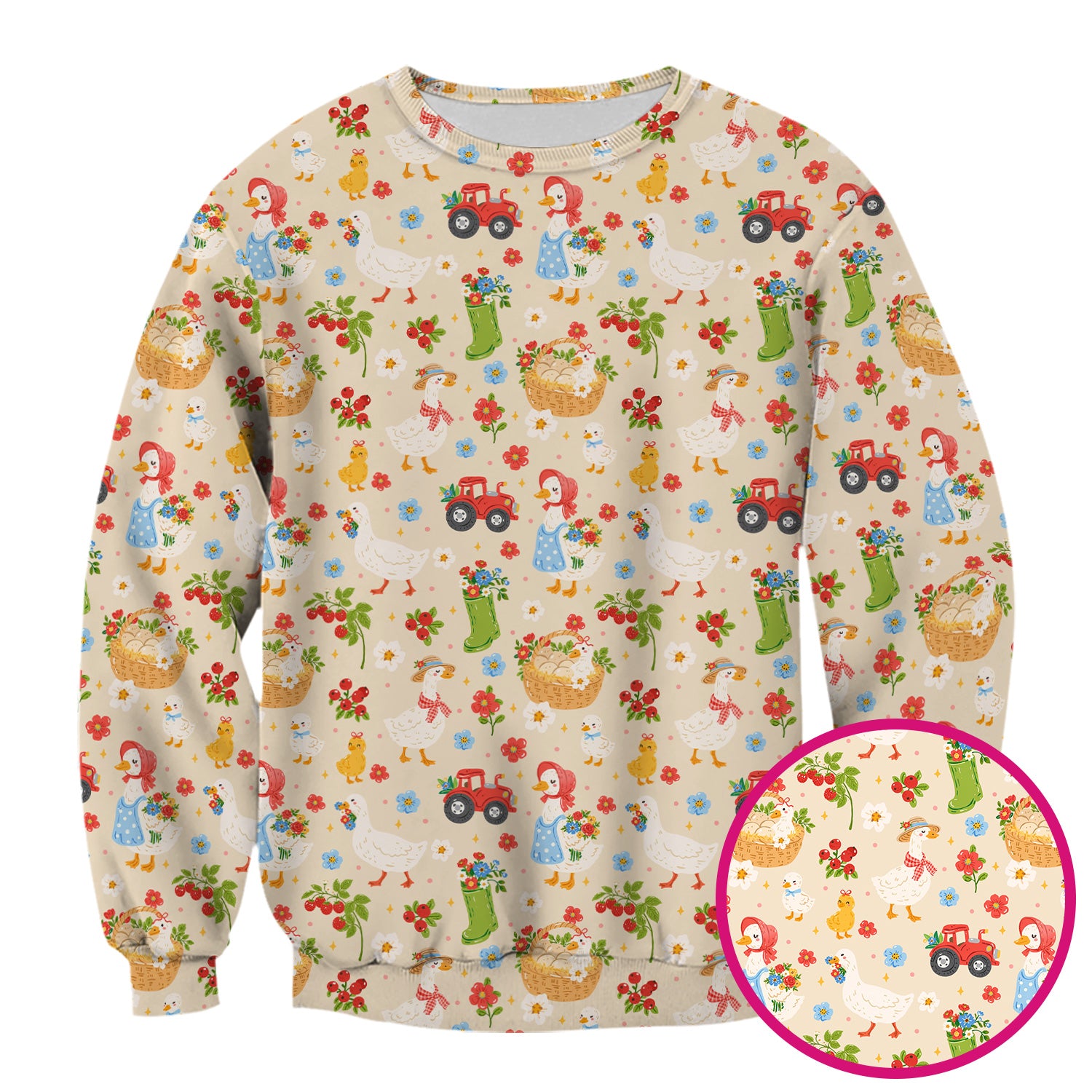 Farm Duck Chicken Tractor Flower Basket Scrub Top, Breathable Fabrics Nursing Uniform