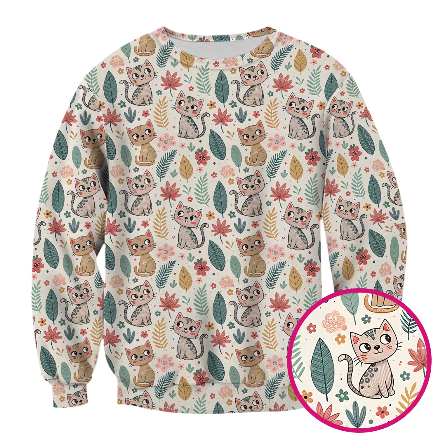 Cute Cartoon Cat Floral Leaf Pattern Scrub Top, Kawaii Kitty Nursing Uniform for Women