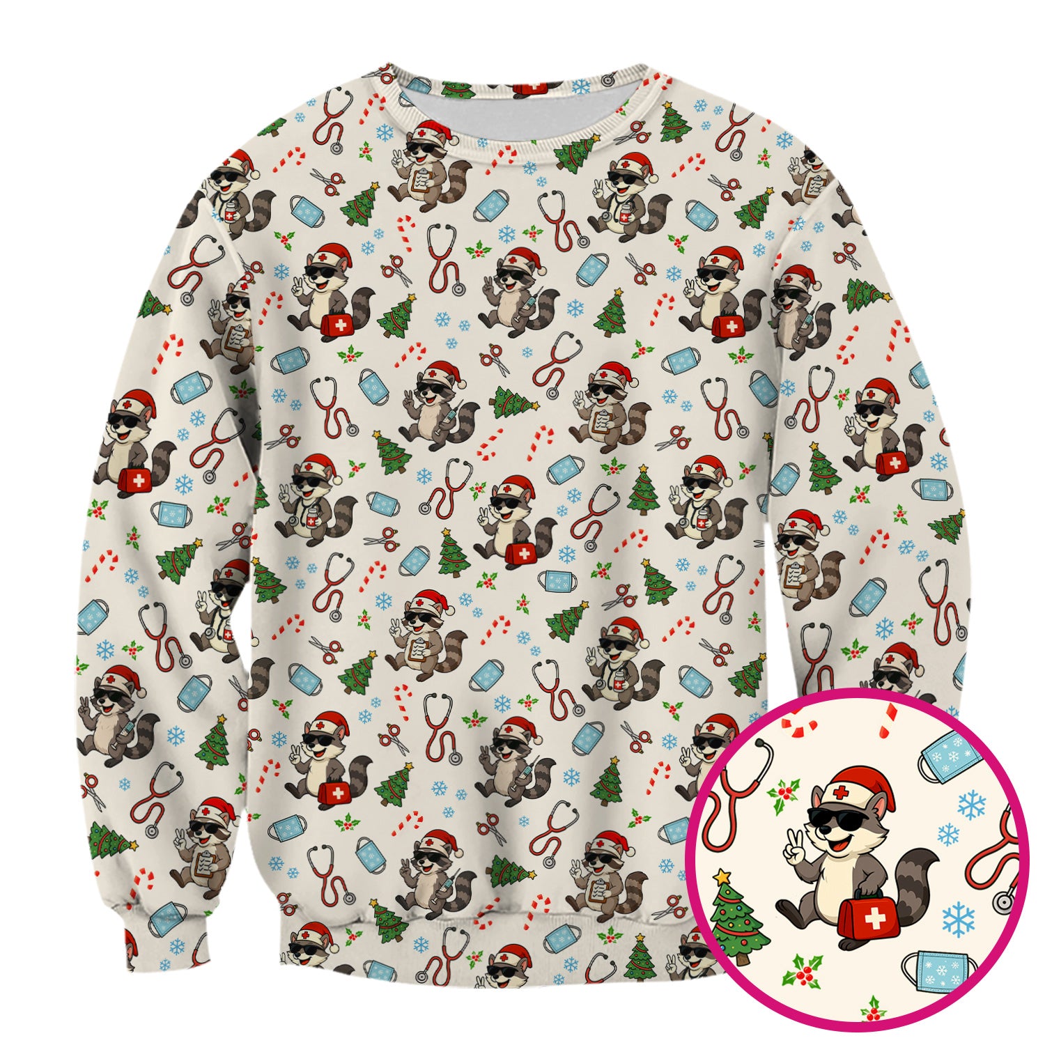 Christmas Scrub Top for Nurses - Funny Raccoon and Medical Tools Pattern - Festive Holiday Nurse Scrubs Shirt Gift for Women RN LPN CNA