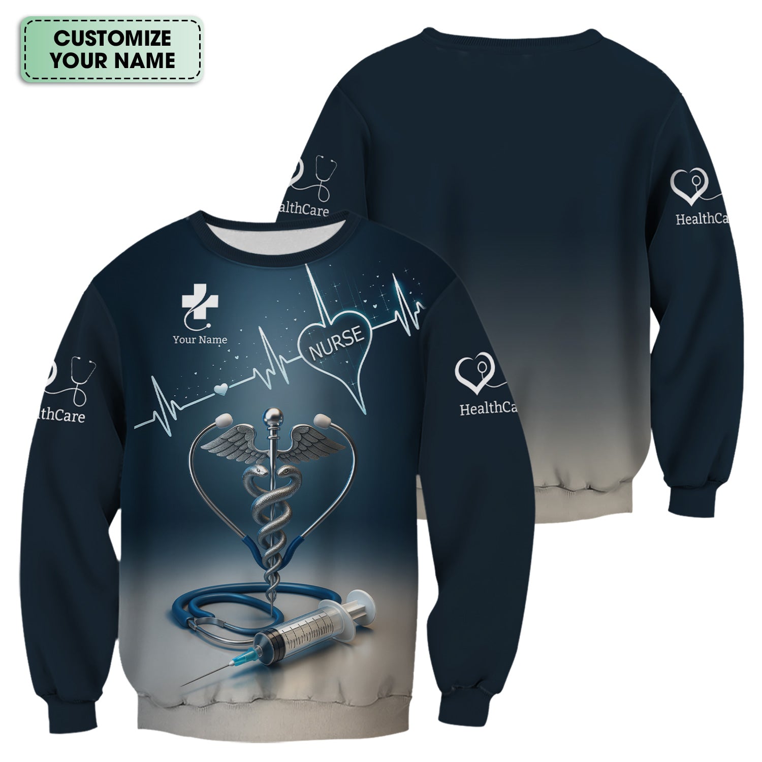 Personalized Nurse Scrubs with Caduceus Heartbeat Syringe - Custom Name Medical Apparel for RN CNA LPN - Gift for Healthcare Workers