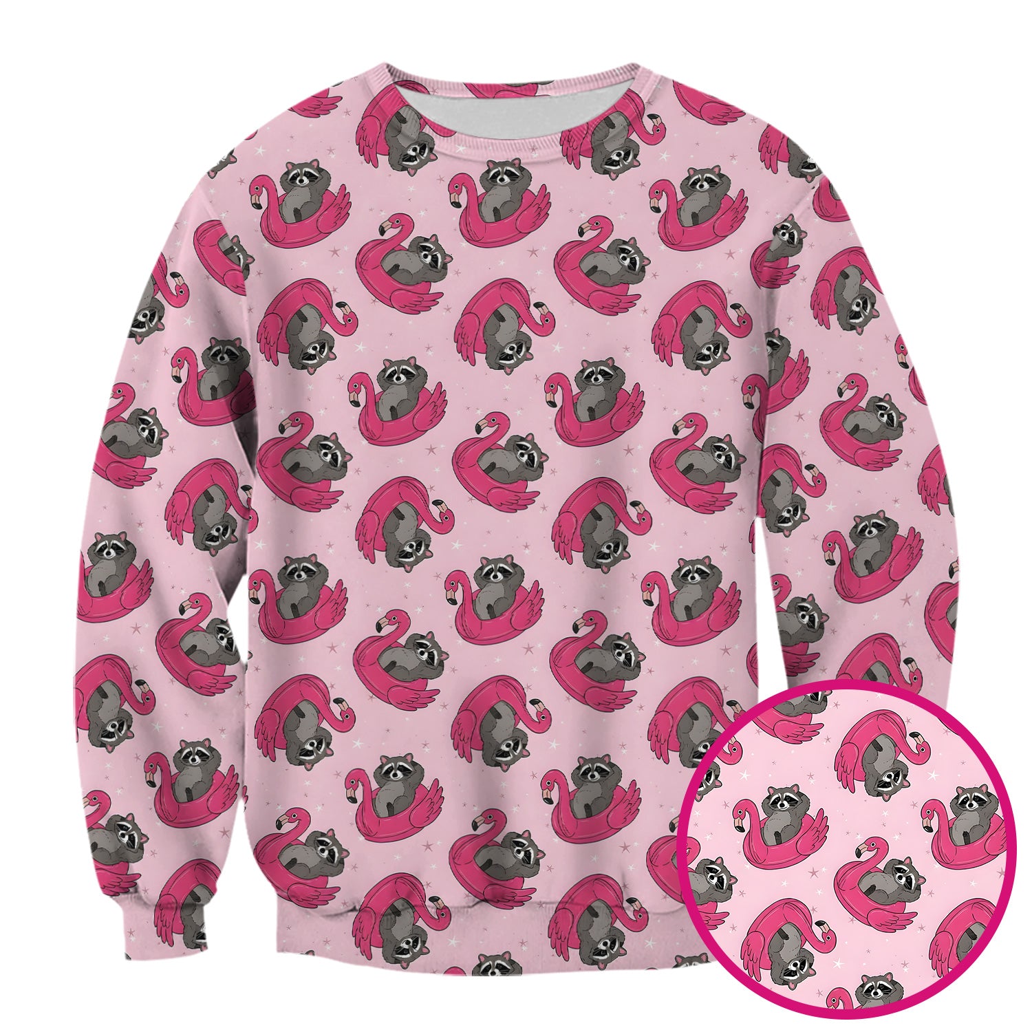 Cute Raccoon Flamingo Float Pattern Scrub Top, Comfortable Scrubs for Nurses