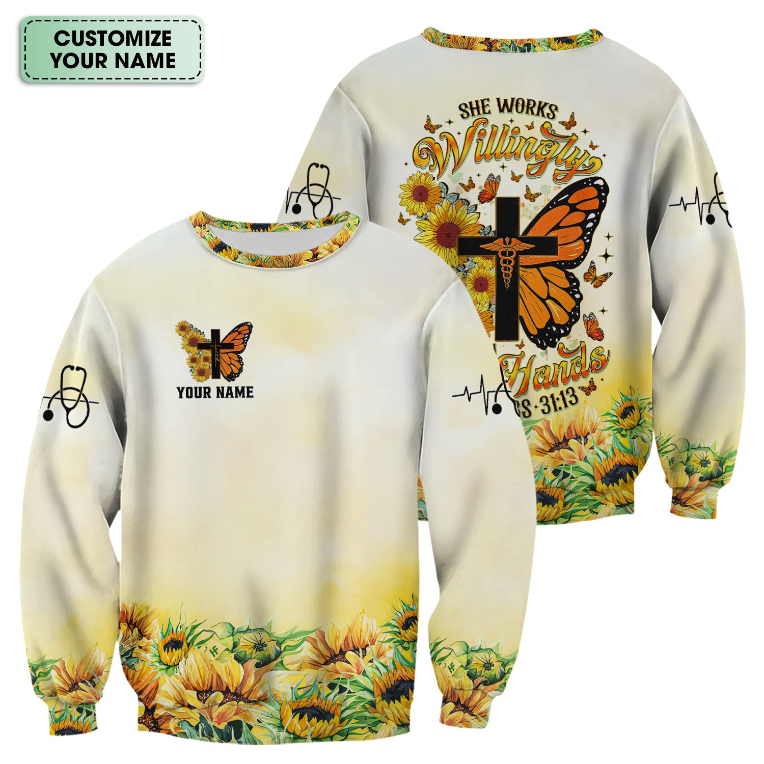 Personalized Christian Nurse Scrub Top - Sunflower Butterfly Cross & Bible Verse - Gift for RN LPN CNA Healthcare Workers