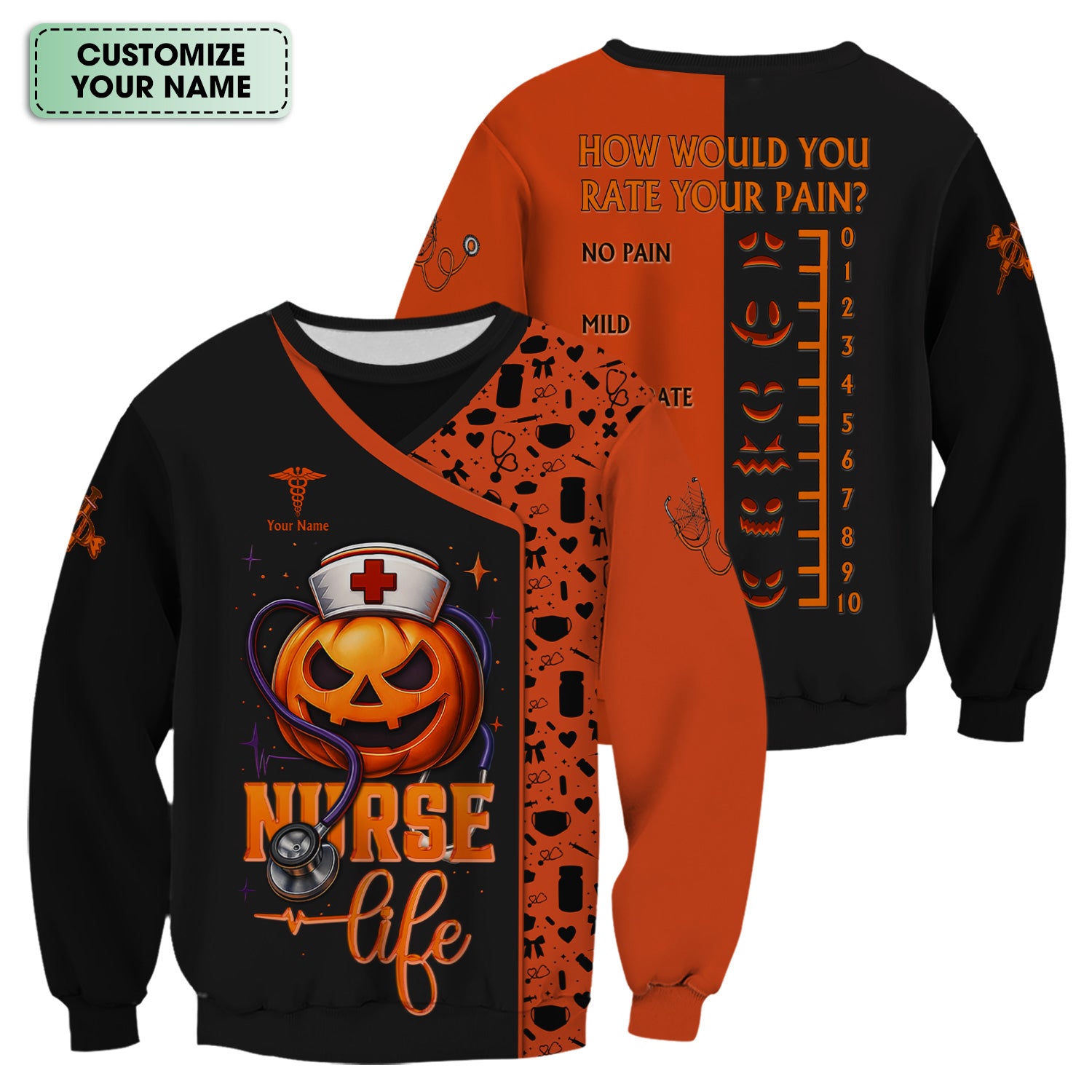 Custom Halloween Nurse Scrub Top with Pain Scale - Personalized Medical Uniform for RN CNA LPN - Gift for Medical Professionals