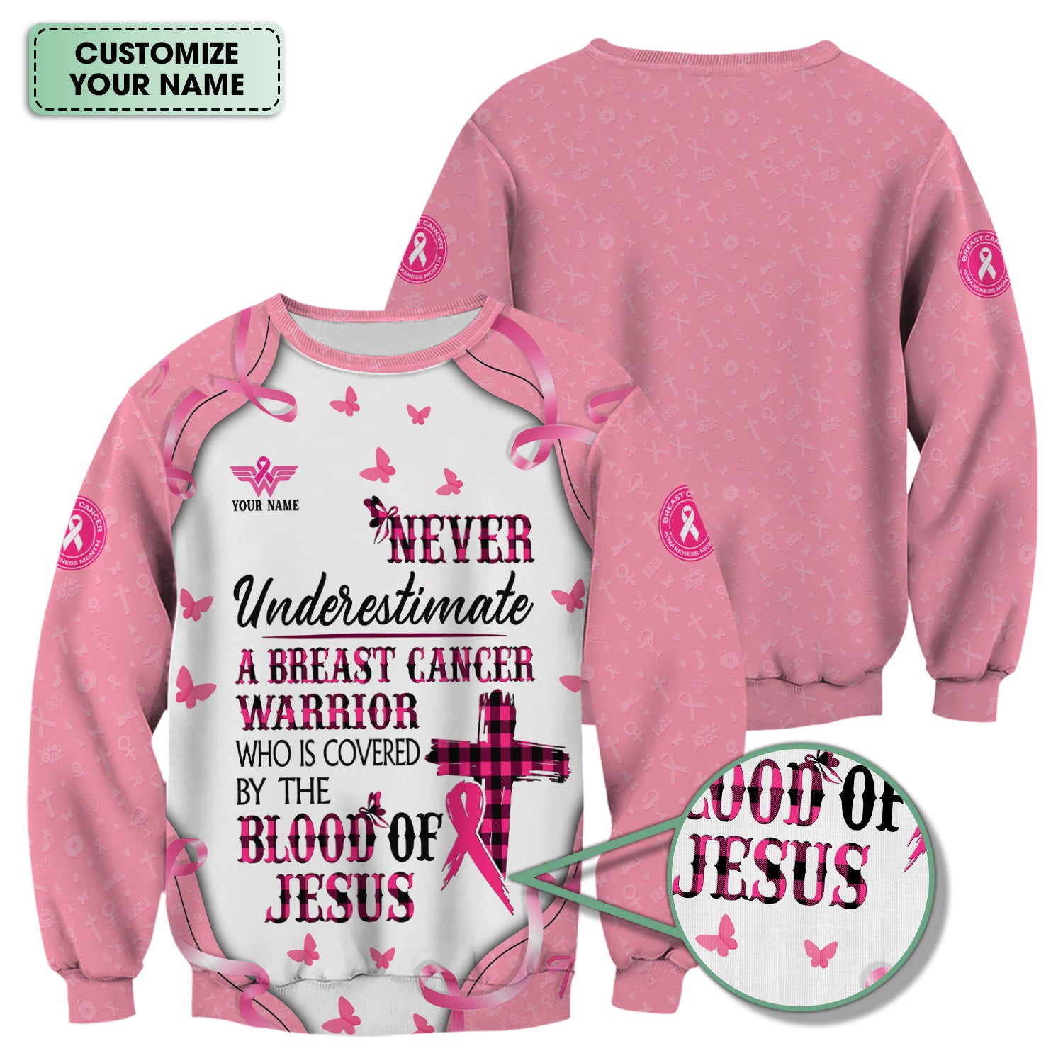 Custom Christian Breast Cancer Awareness Shirt - Blood Of Jesus Quote Graphic Tee - Gift for RN LPN CNA