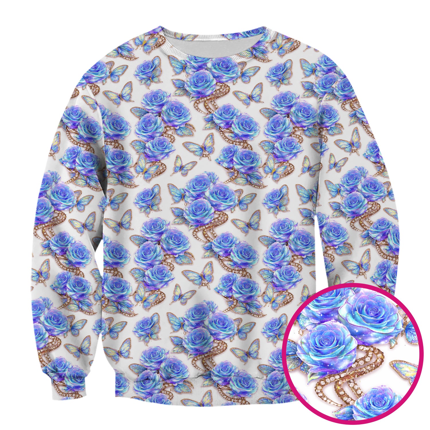 Elegant Blue Rose Floral Print Scrub Top, Soft & Breathable Nurse Scrubs