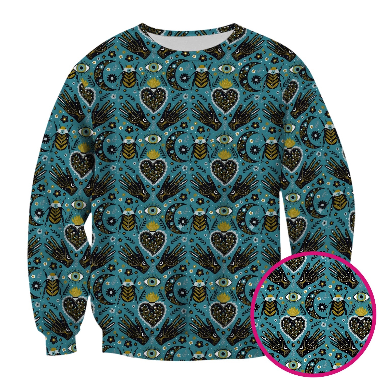 Mystic Celestial Heart & Evil Eye Pattern Scrub Top, Breathable Fabrics Nursing Uniform