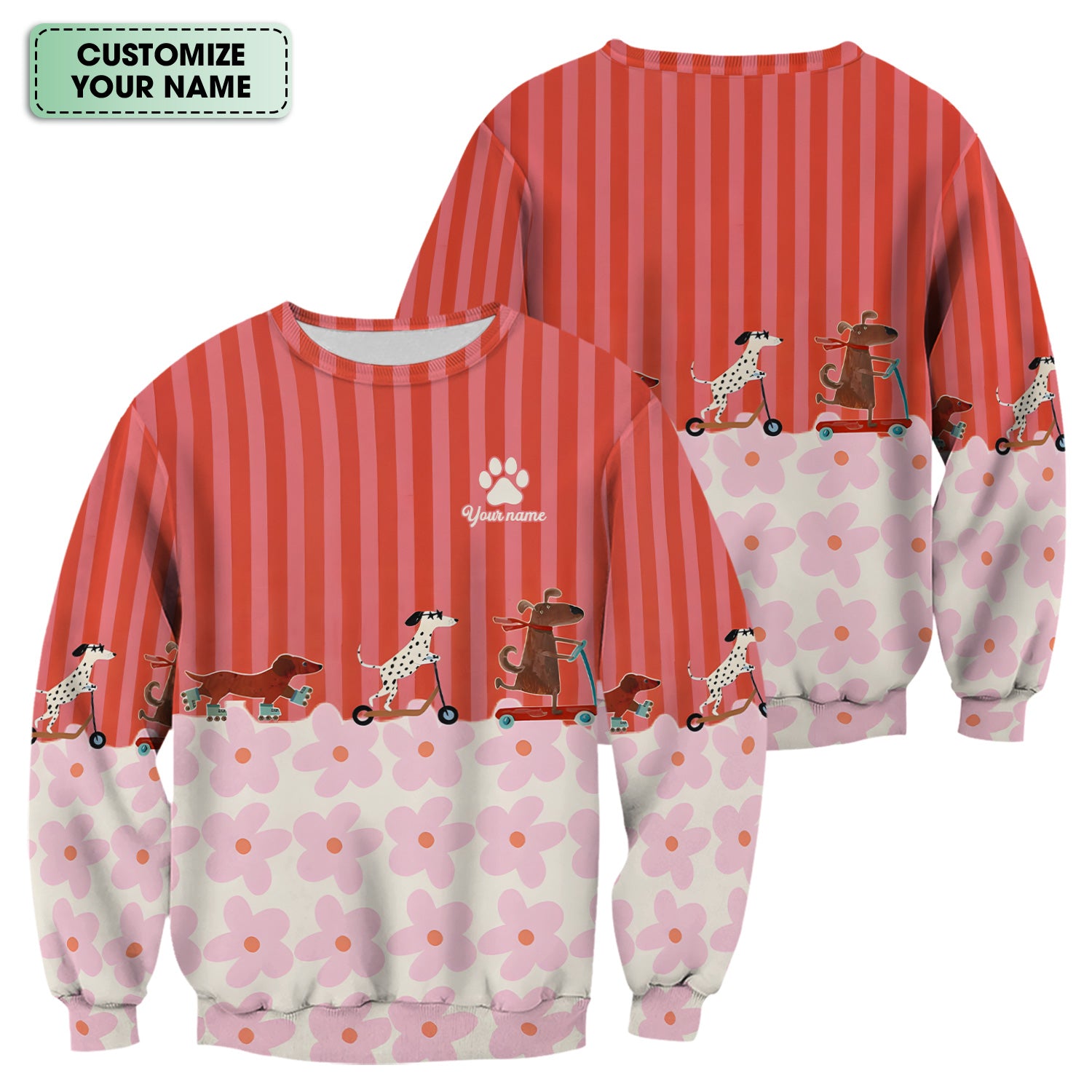 Personalized Cute Dog Roller Skate Flower Pattern Scrub Top, Comfortable Scrubs for Nurses