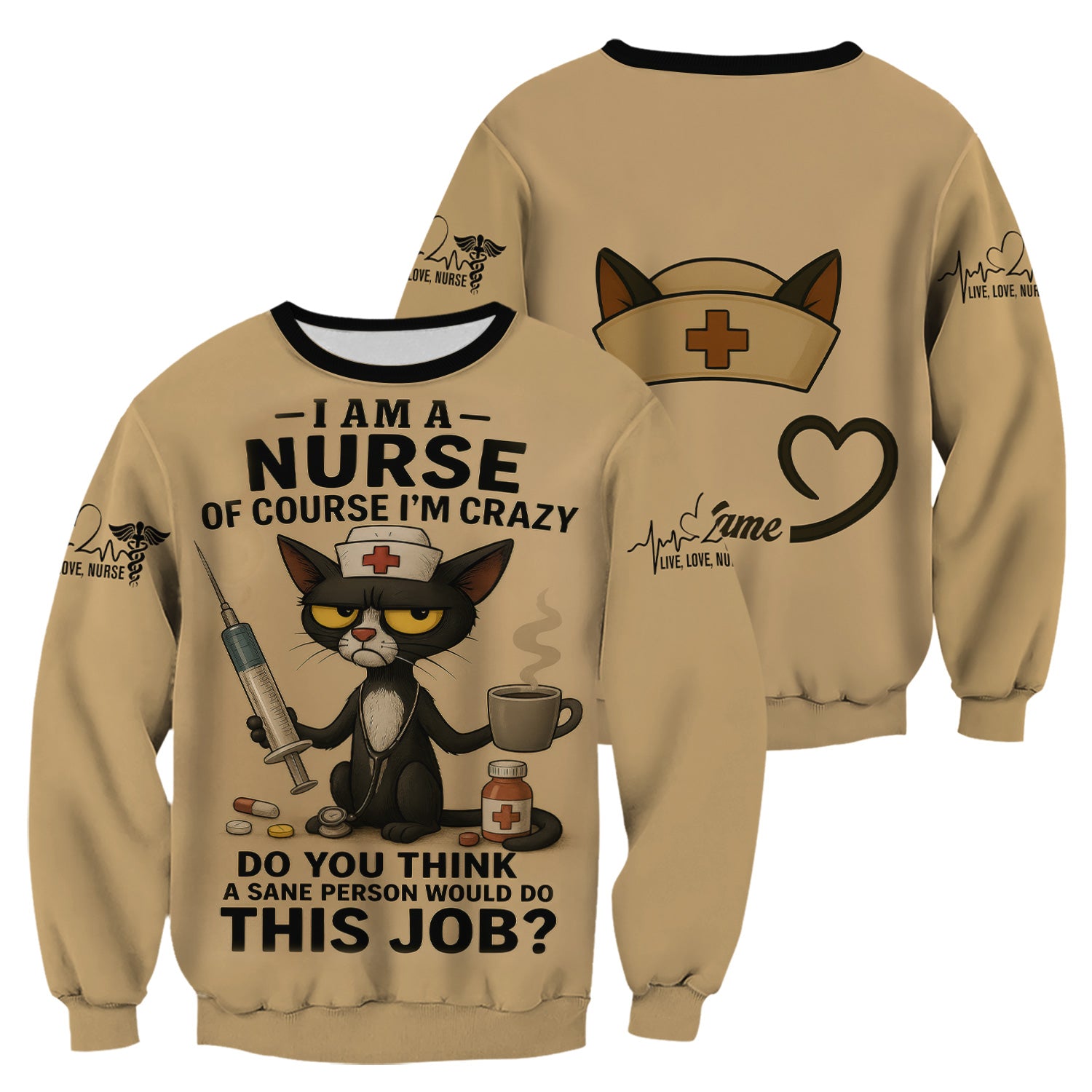 Funny Personalized Nurse Scrub Top - Grumpy Cat Holding Syringe Coffee & Pills - Do You Think A Sane Person Would Do This Job - Custom Gift for RN LPN CNA Women