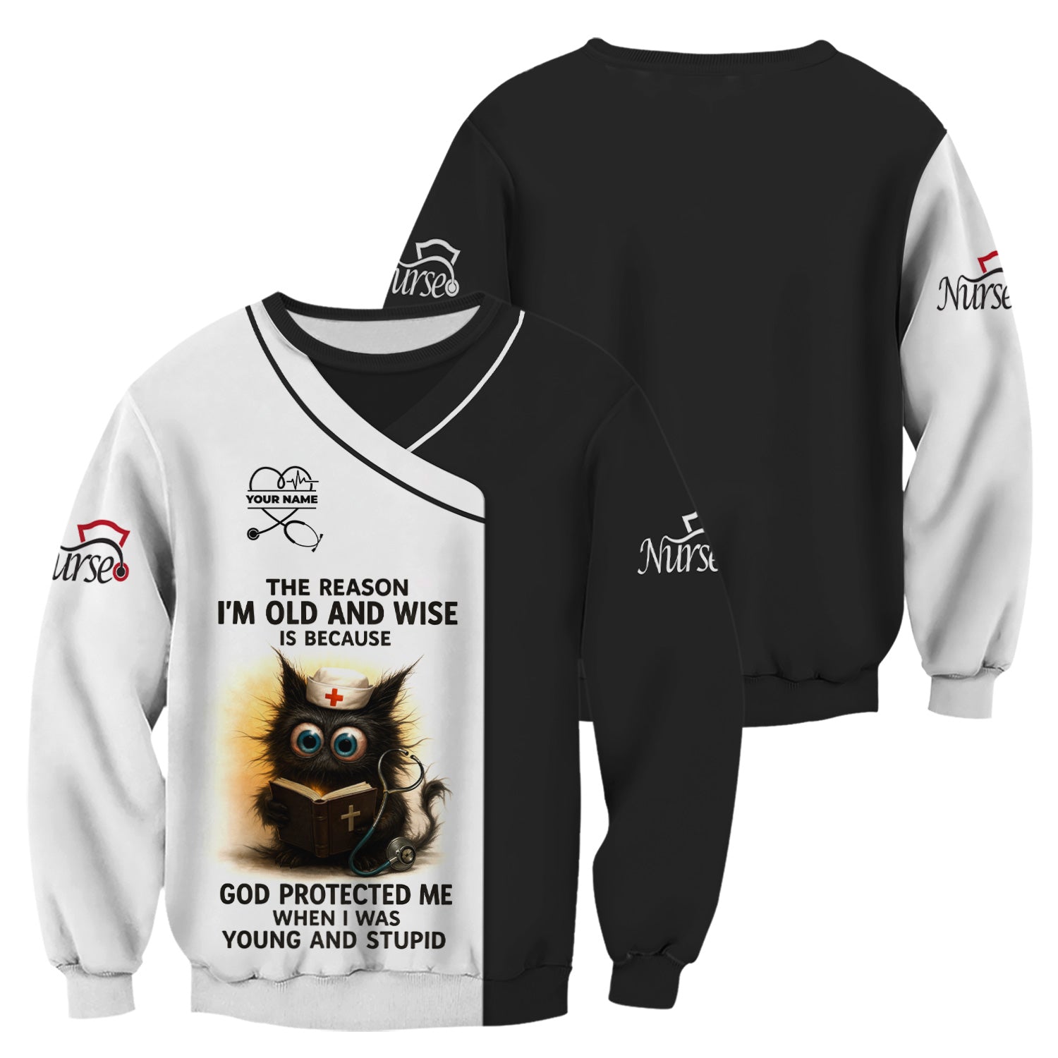 Personalized Funny Nurse Scrubs - Cute Cat & Bible Design with Custom Name - Ideal for RN, CNA, LPN - Best Gift for Healthcare Professionals