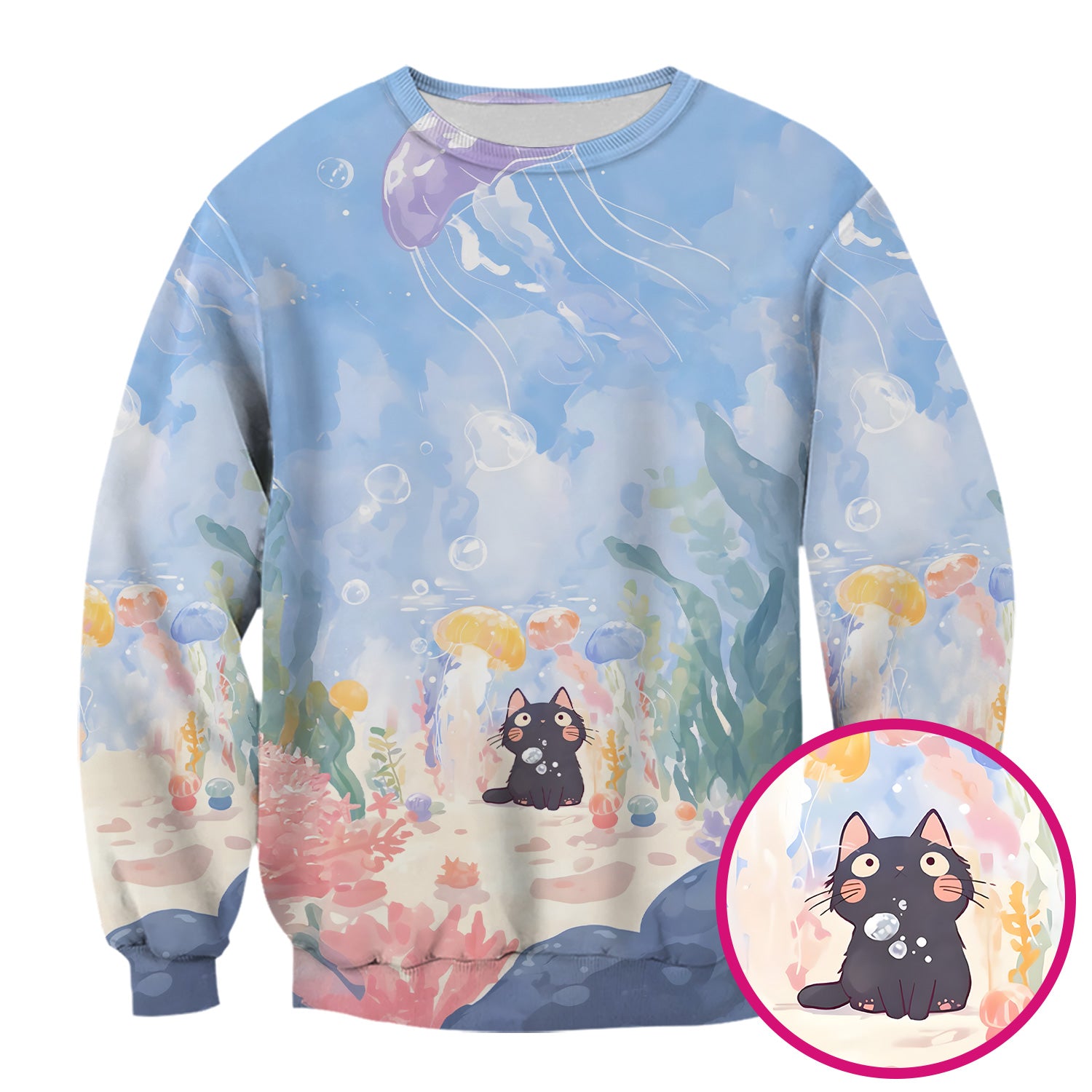 Cute Underwater Black Cat Jellyfish Pattern Scrub Top, Comfortable Scrubs for Nurses
