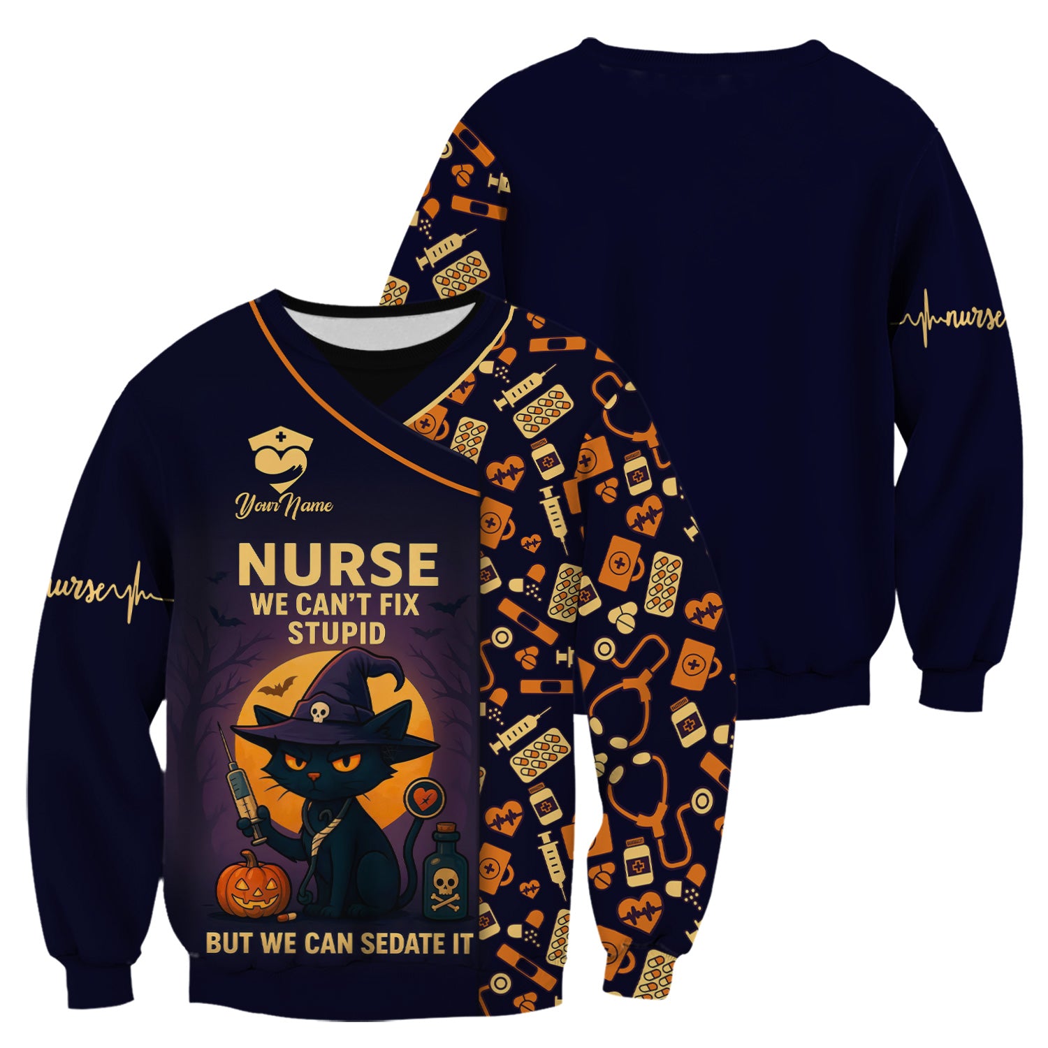 Personalized Halloween Nurse Scrub Top - We Can’t Fix Stupid Black Cat Quote - Gift for RN CNA LPN