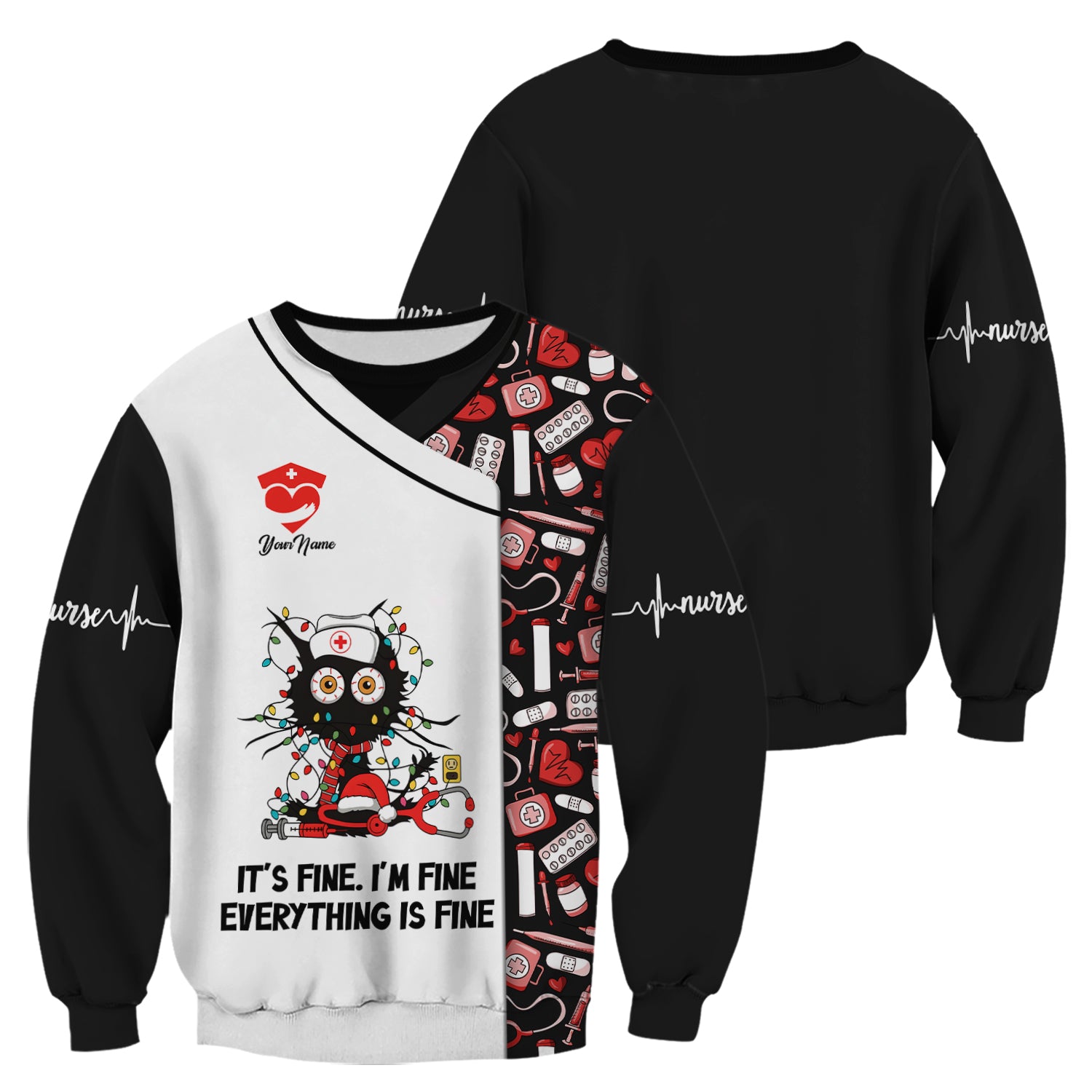 Custom Funny Nurse Christmas Scrub Top - Everything Is Fine Sarcastic Black Cat Design - Holiday Gift for Women RN LPN ER