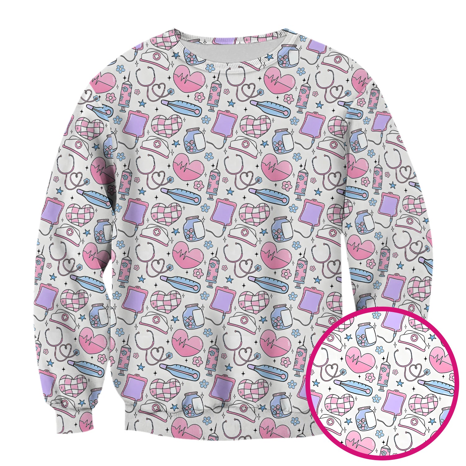 Cute Pastel Medical Icons Pattern Scrub Top, Comfortable Scrubs for Nurses