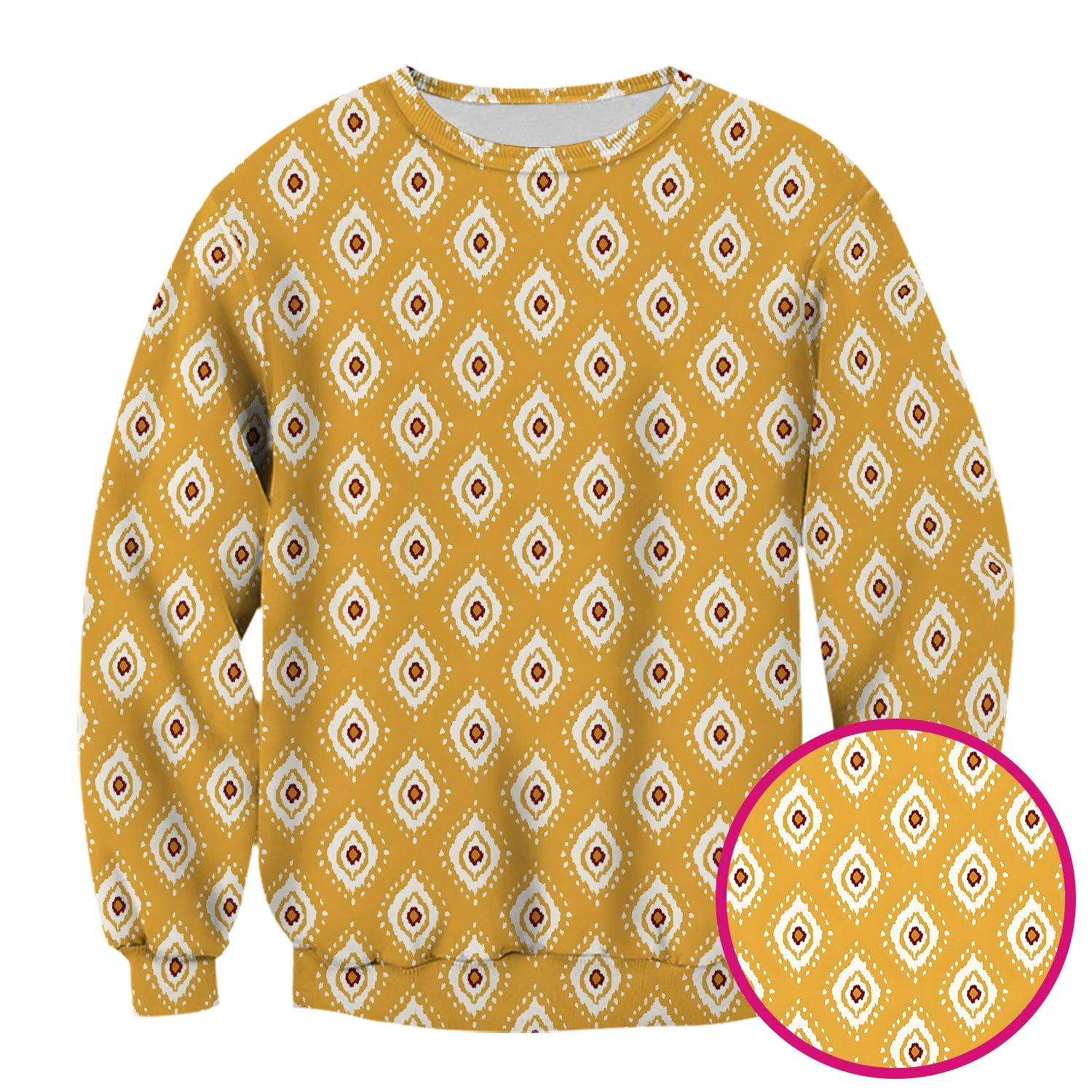 Cute Mustard Geometric Ikat Nurse Pattern Scrub Top, Breathable Fabrics Nursing Uniform