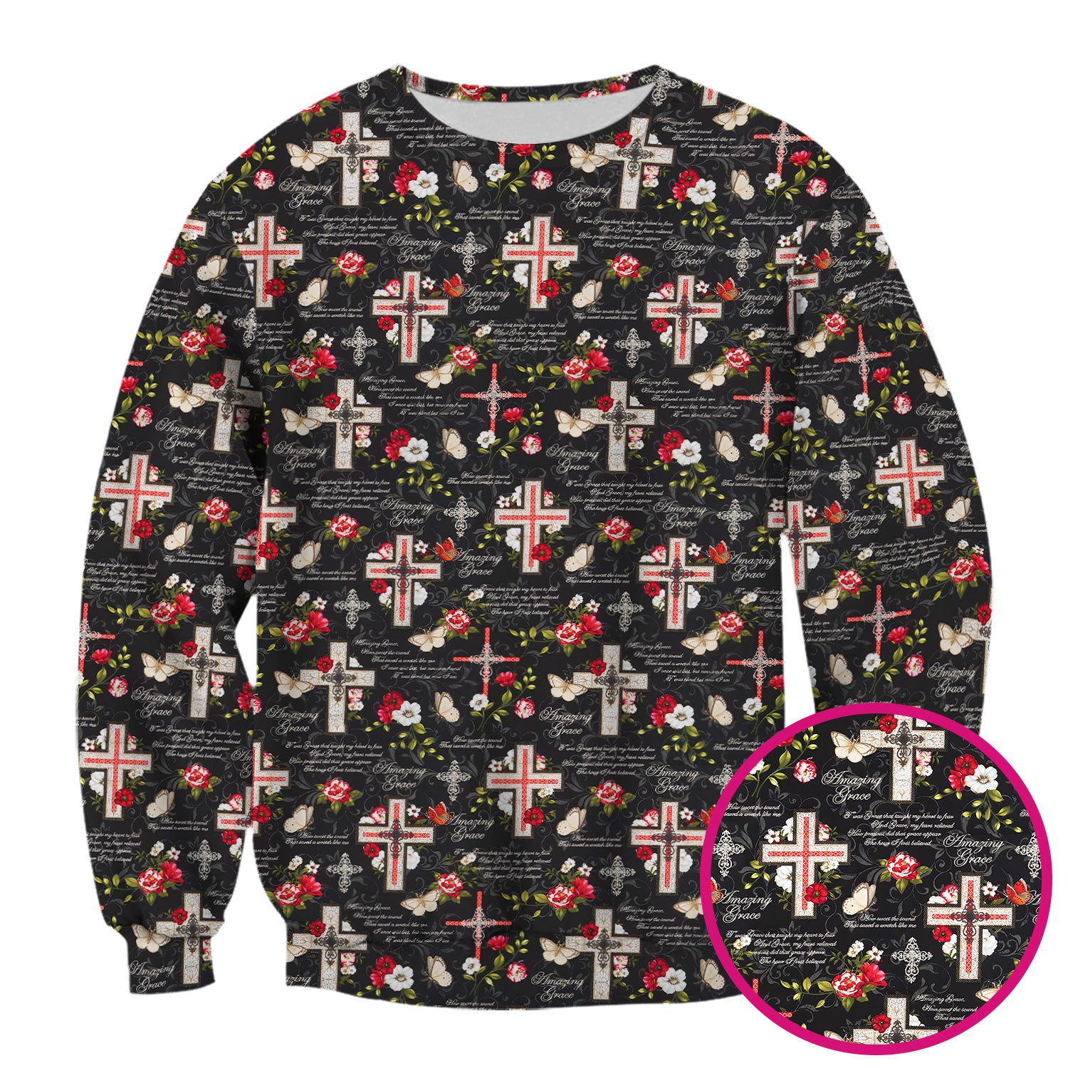 Christian Cross Roses And Butterflies Print Scrub Top, Comfortable Scrubs for Nurses