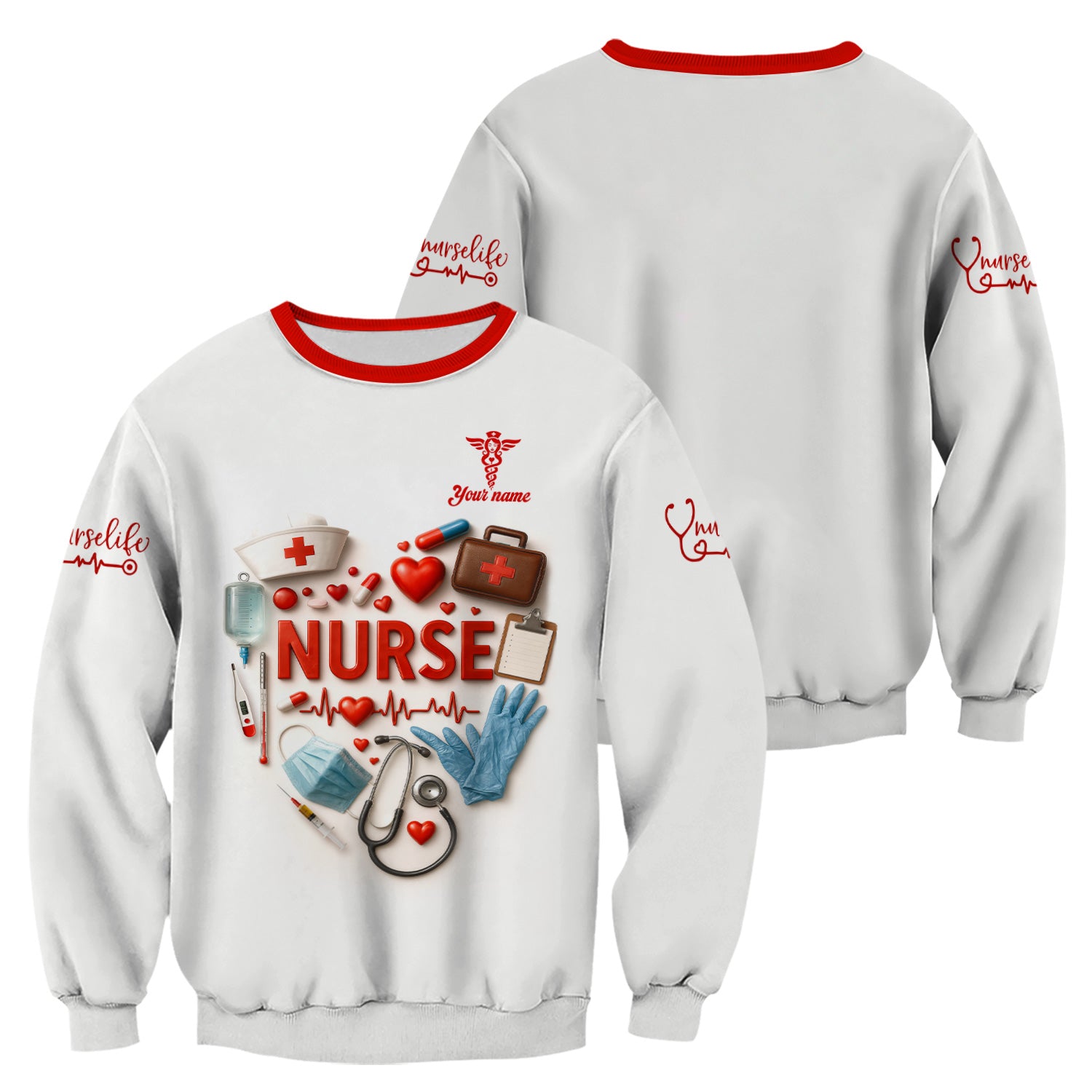 Custom Nurse Scrubs - Medical Tools & Heartbeat Graphic - Personalized Scrubs for RN CNA LPN Healthcare Workers