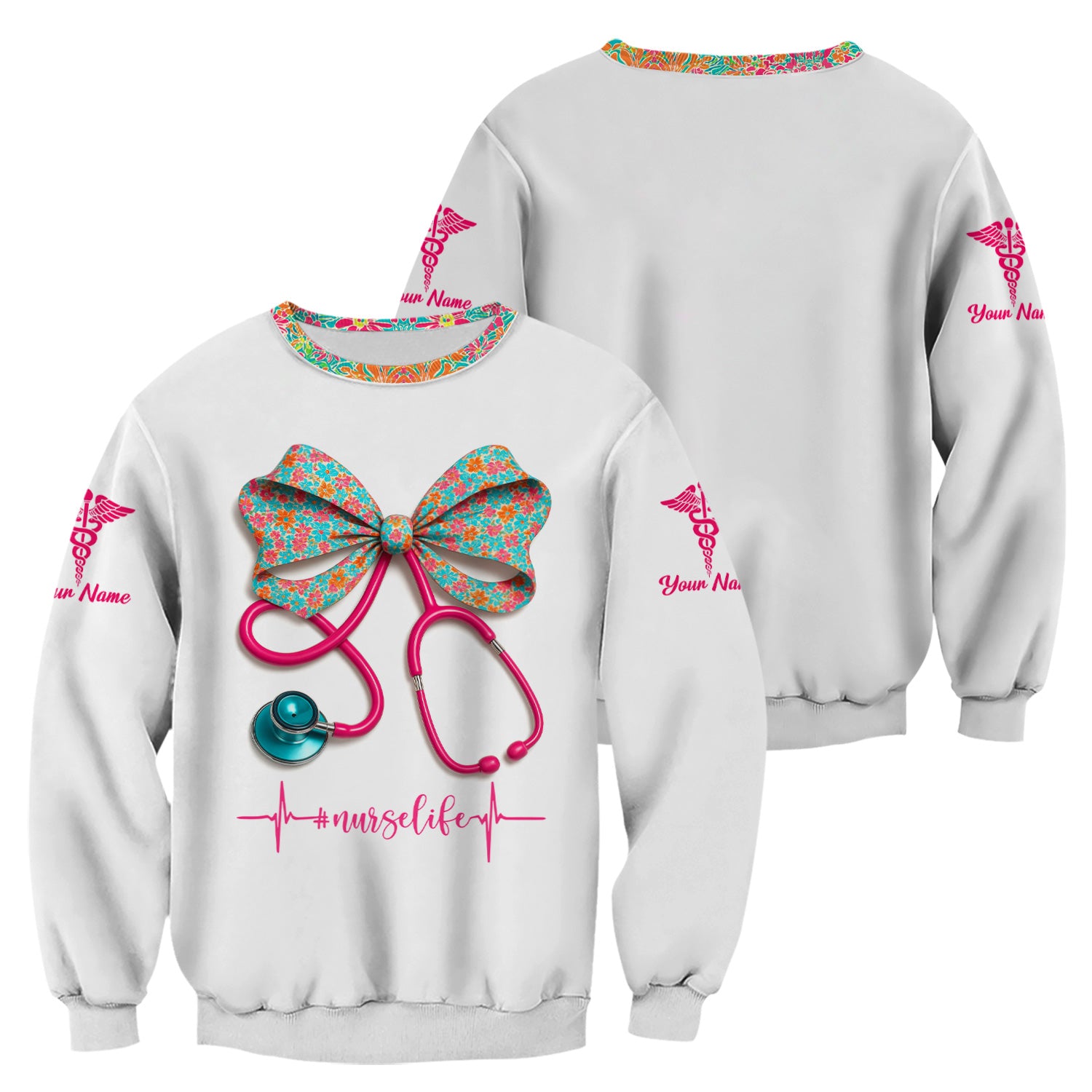 Custom Name Floral Bow Nurse Life Shirt - Cute Stethoscope Design with Heartbeat Graphic - Gift for RN LPN CNA Medical Staff