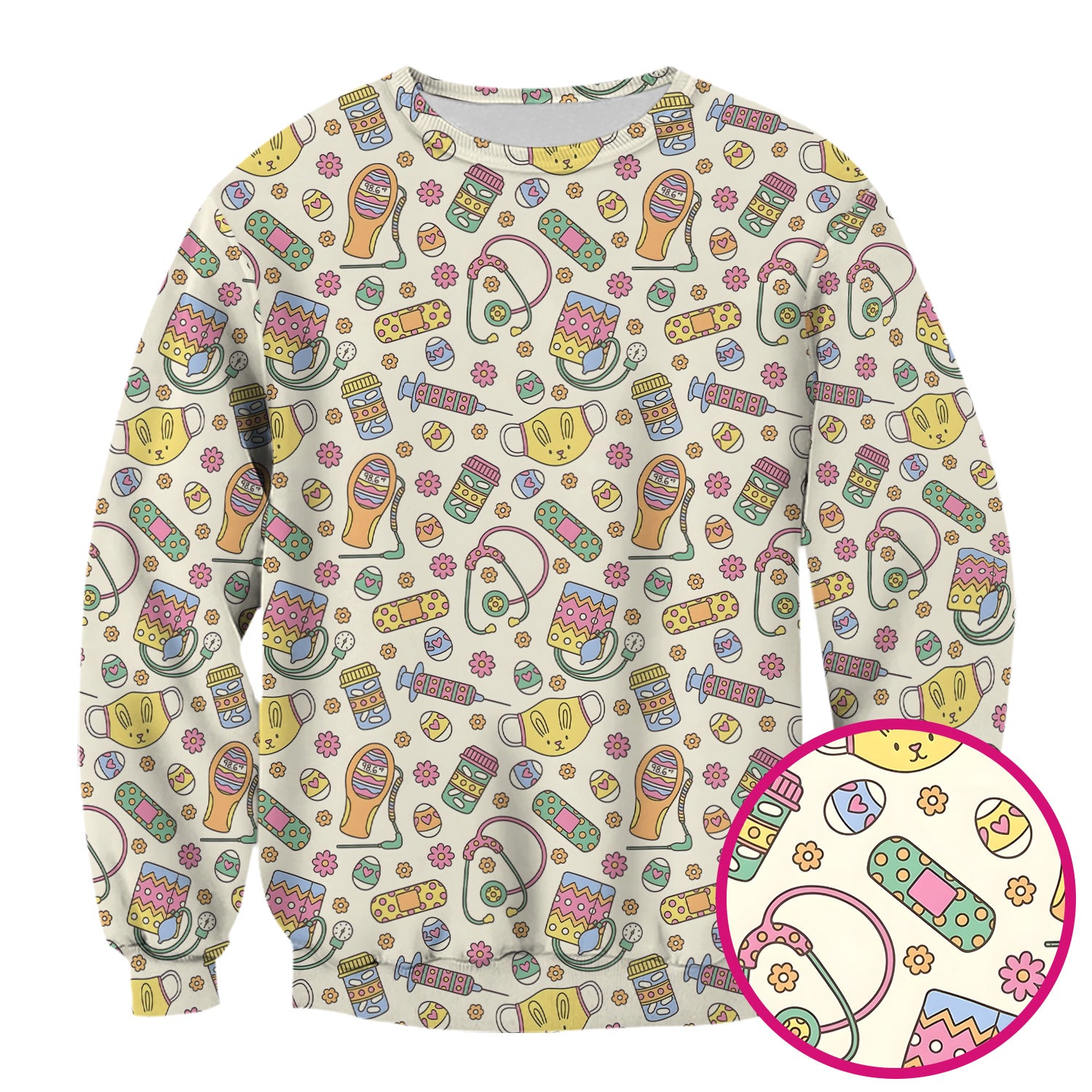 Easter Nurse Bunny Medical Pattern Scrub Top, Breathable Fabrics Nursing Uniform