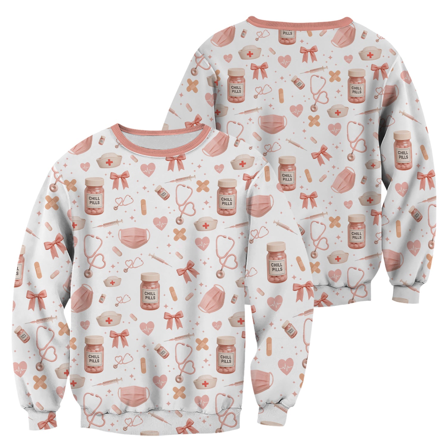 Personalized Cute Nurse Scrub Top - Pink Chill Pills & Medical Icons Pattern - Fun Aesthetic Gift for RN CNA LPN Healthcare Workers