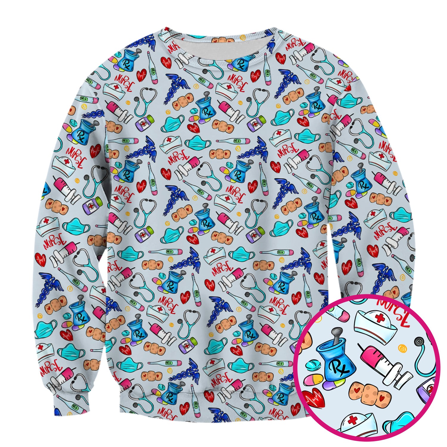 Nurse Medical Icons Stethoscope Heart Pattern Scrub Top, Comfortable Scrubs for Nurses