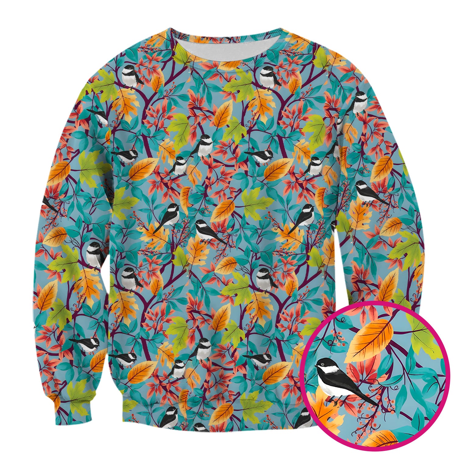 Autumn Leaf Chickadee Bird Pattern Scrub Top, Breathable Fabrics Nursing Uniform