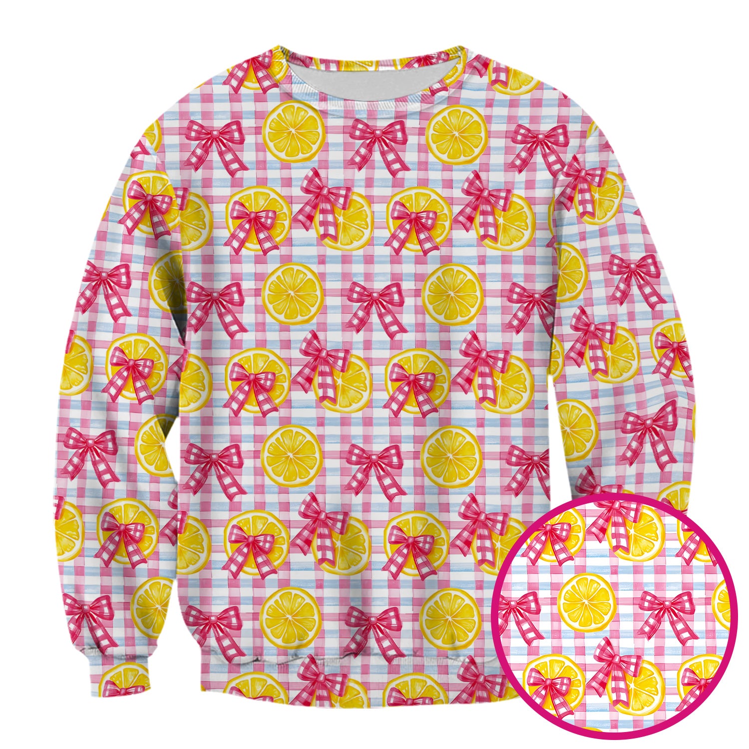 Cute Lemon Slice Pink Bow Gingham Pattern Scrub Top, Comfortable Scrubs for Nurses