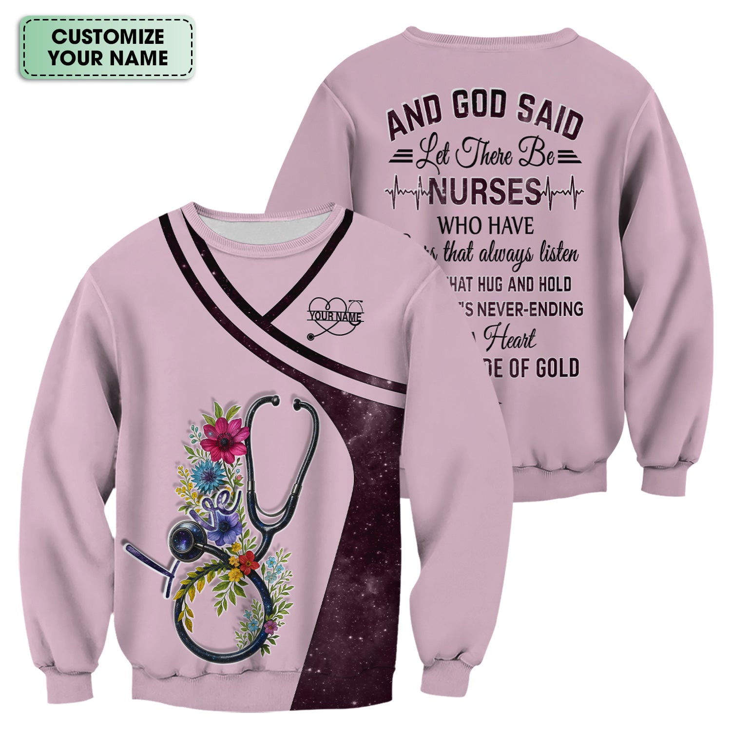 Custom Nurse Love T-Shirt - Floral Stethoscope & Galaxy Design - Personalized Gift for RN LPN CNA Healthcare Professionals