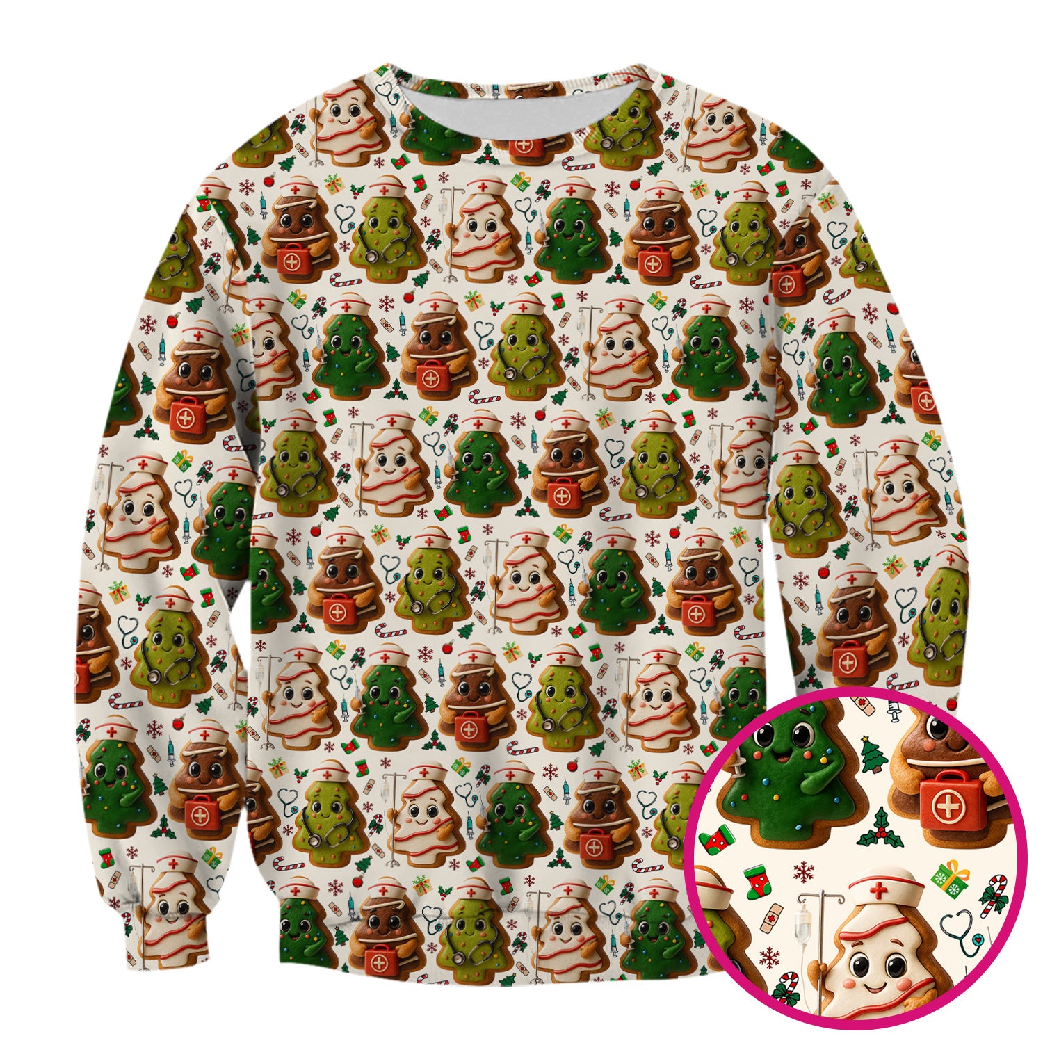 Christmas Cookie Scrub Top – Festive Nurse & Holiday Tree Pattern – Cute Medical Uniform for Nurses, Vets and Healthcare Workers