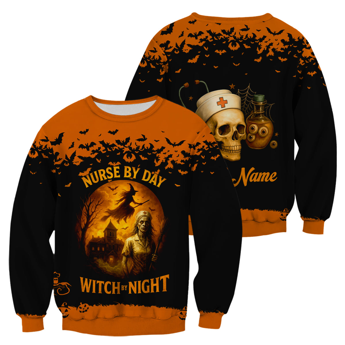 Personalized Halloween Nurse Uniform Top - Custom Name Spooky Witch Costume Inspired Scrub Shirt - Fun Gift for Medical Staff Healthcare Workers