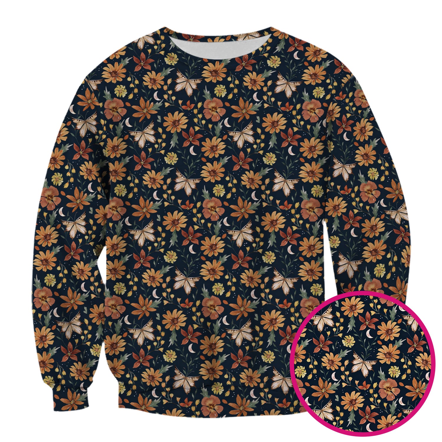 Charming Autumn Floral Butterfly Moon Pattern Scrub Top, Breathable Fabrics Nursing Uniform