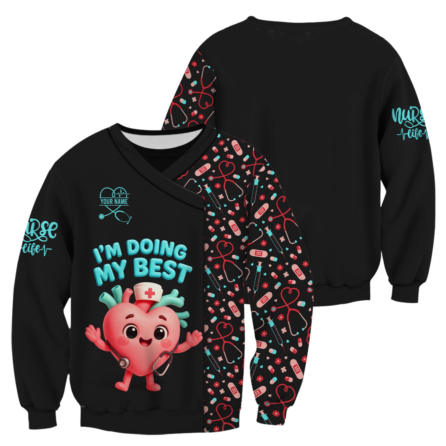 Funny Custom Nurse Scrub Top with Heart - I'm Doing My Best Quote & Cute Medical Icons - Personalized Gift for RN, LPN, CNA