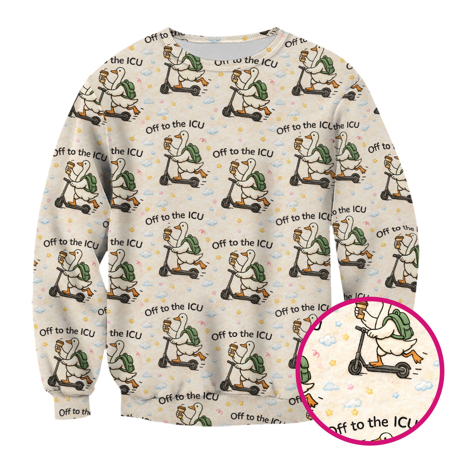 Funny Goose Off To The ICU Pattern Scrubs Top, Breathable Fabrics Nursing Uniform