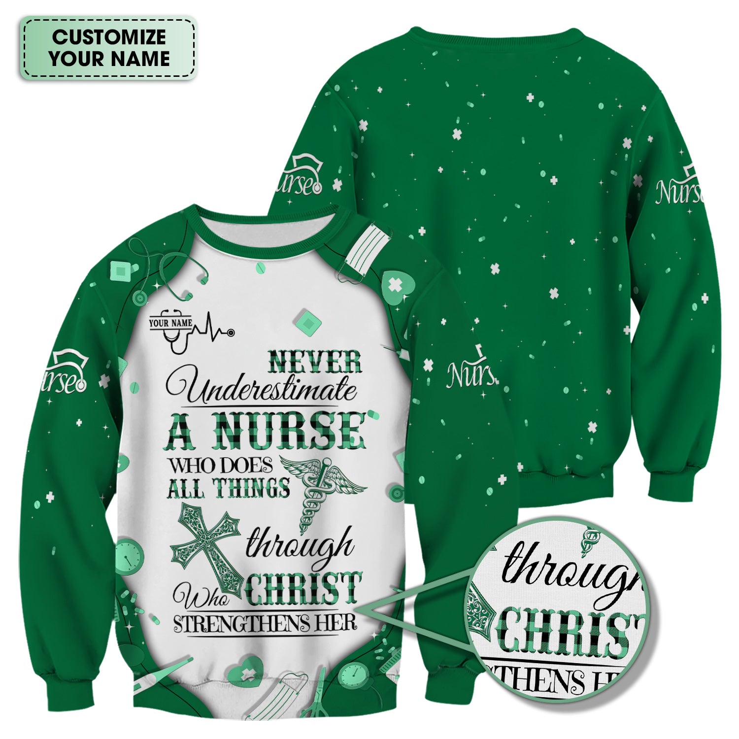 Faith-Based Personalized Nursing Scrub for Women - Bible Verse All Things Through Christ - Gift for RN, LPN, CNA Healthcare Professionals