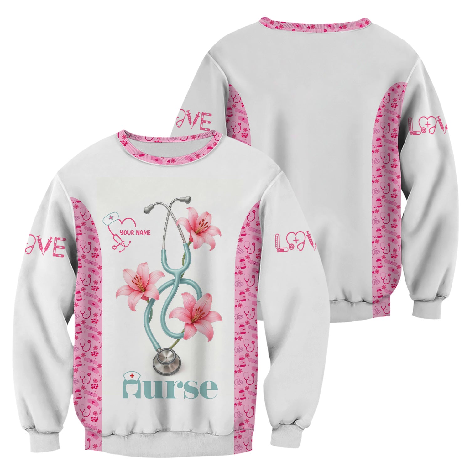 Personalized Nurse Scrubs - Pink Floral Stethoscope Design with Name Customization - Gift for RN, CNA, LPN